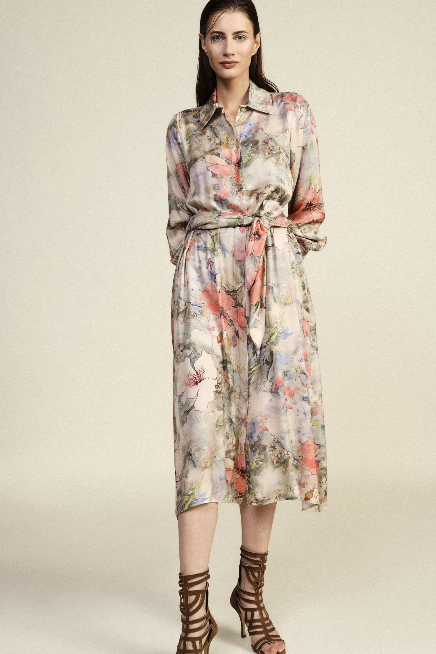 Long Dress Floral Print Fabric Belt Dixie