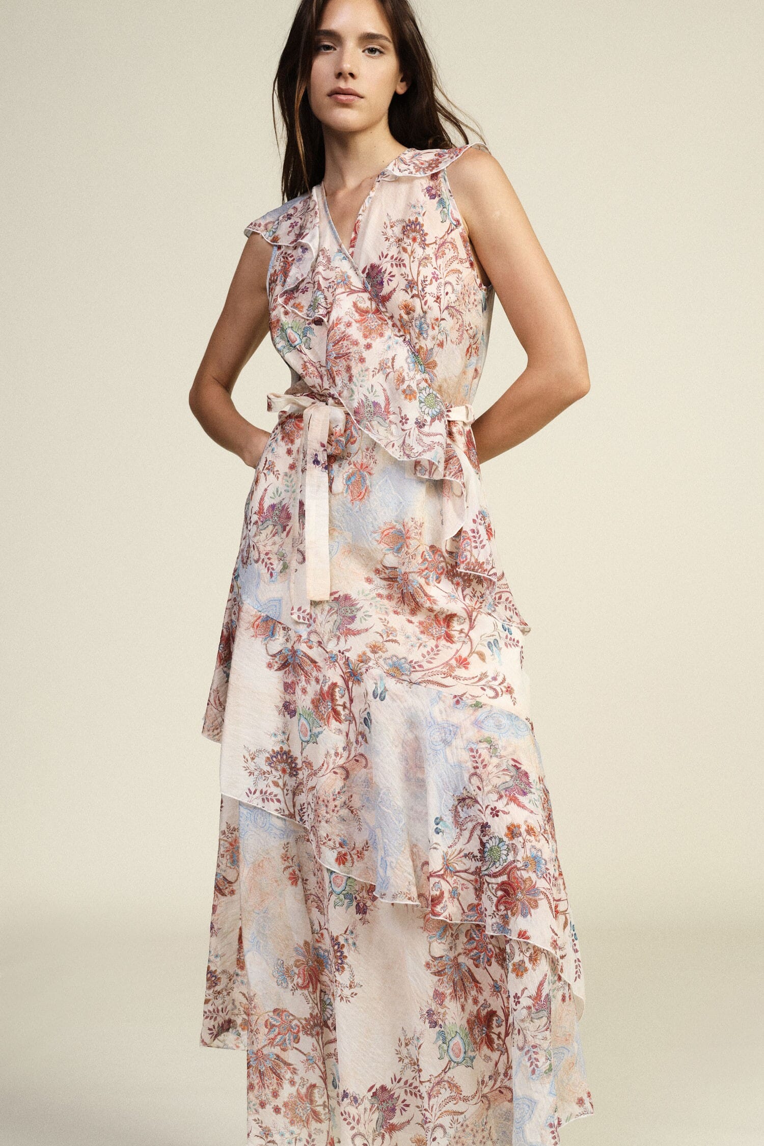 Long Dress With Floral Print And Asymmetrical Ruffles Dixie