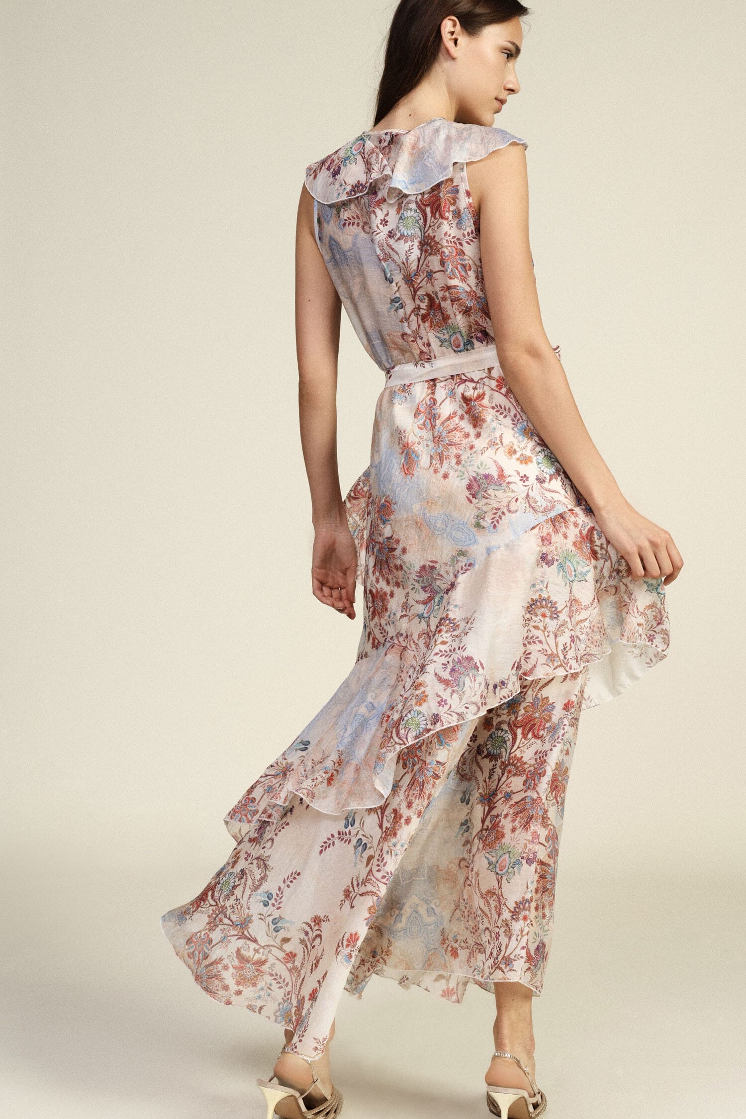 Long Dress With Floral Print And Asymmetrical Ruffles Dixie