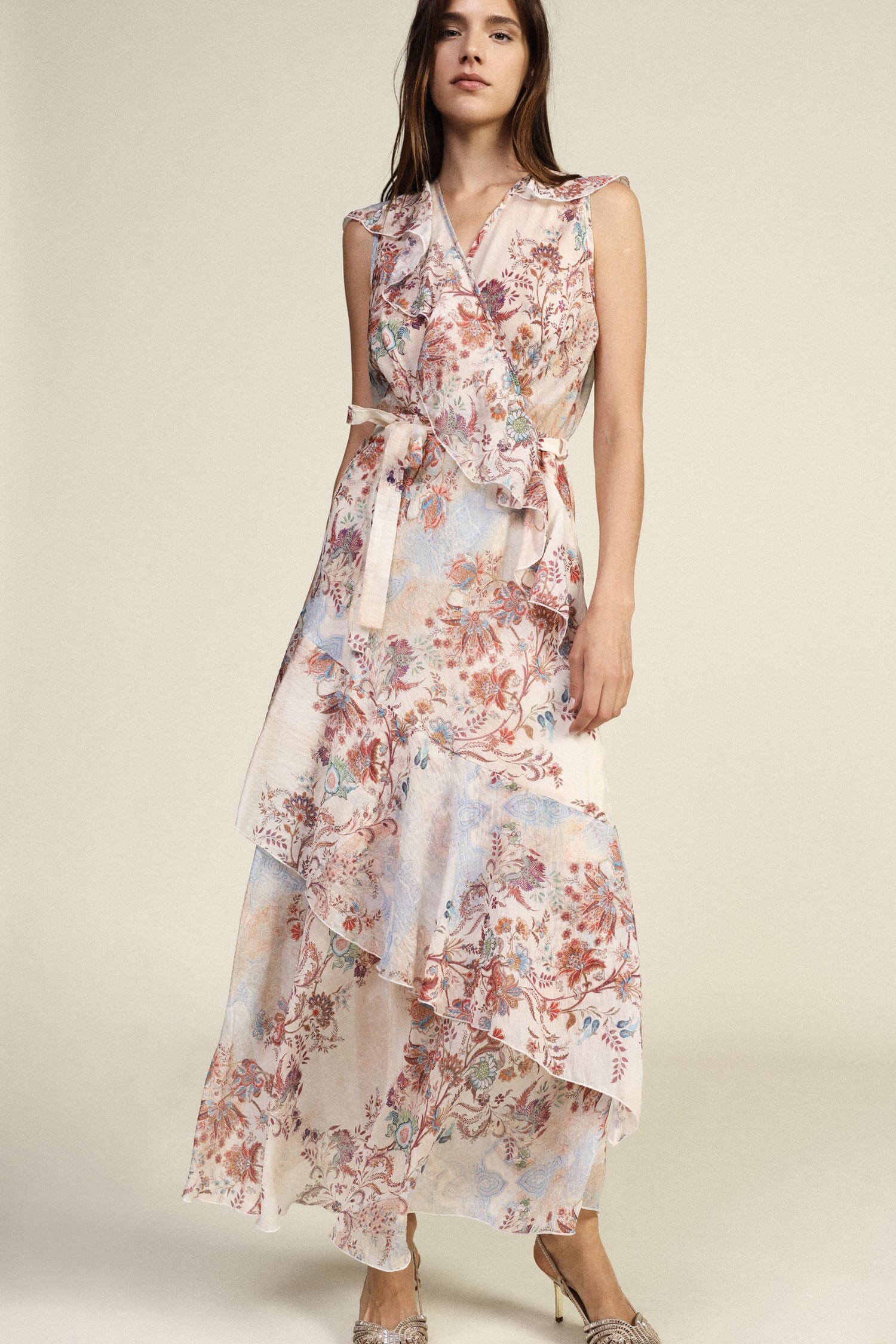 Long Dress With Floral Print And Asymmetrical Ruffles Dixie