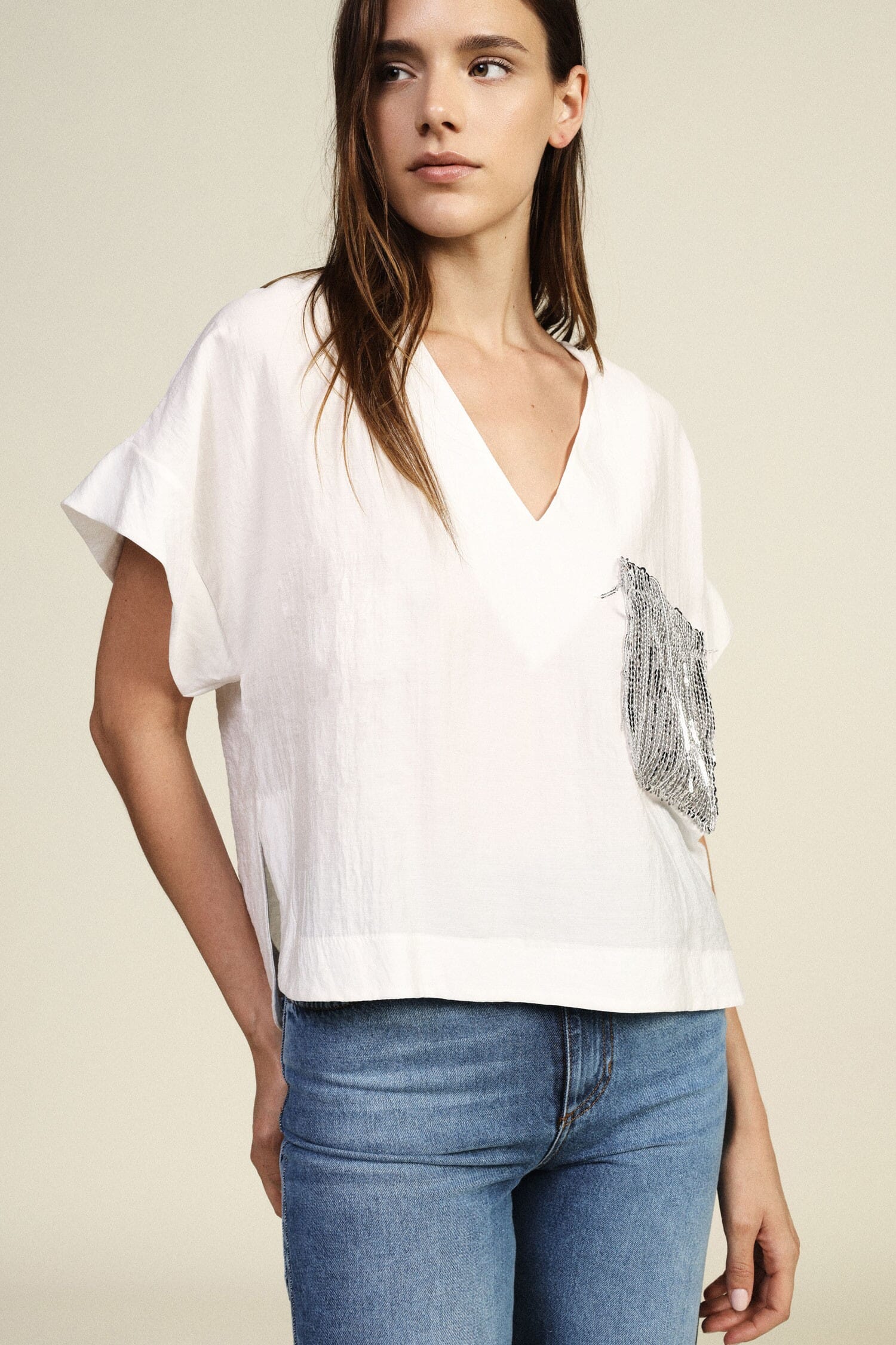 Short Blouse With Front Decorated Pocket Dixie
