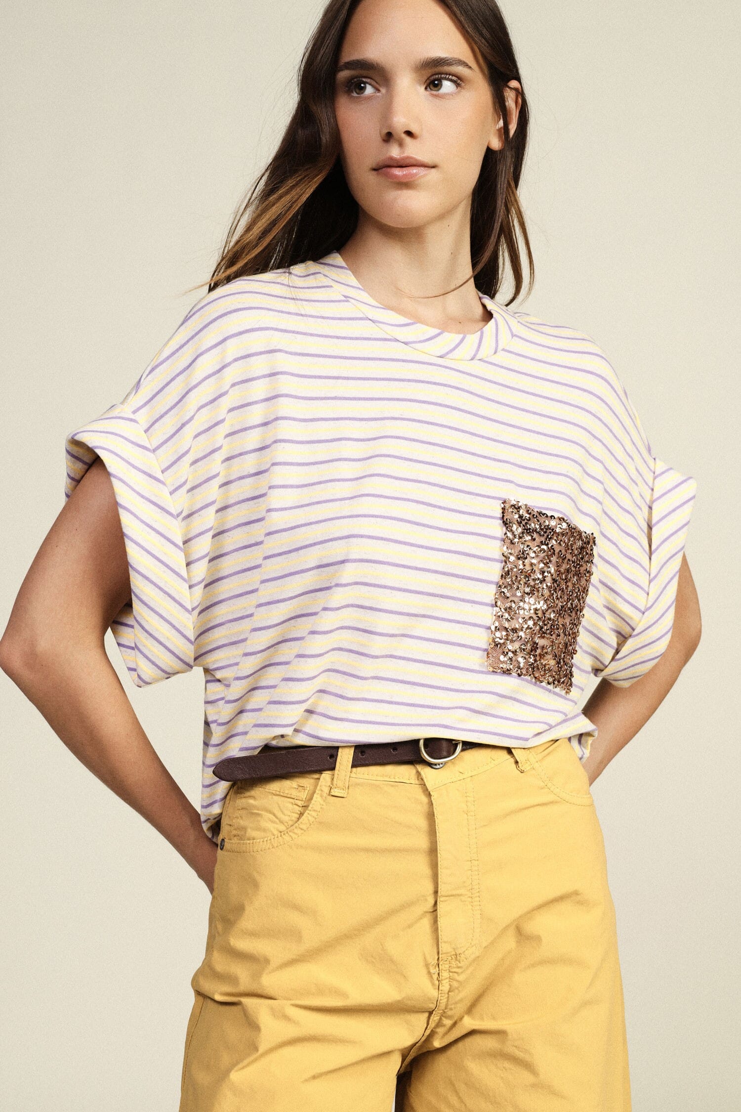 Striped T-Shirt With Patch Pocket Sequins Dixie
