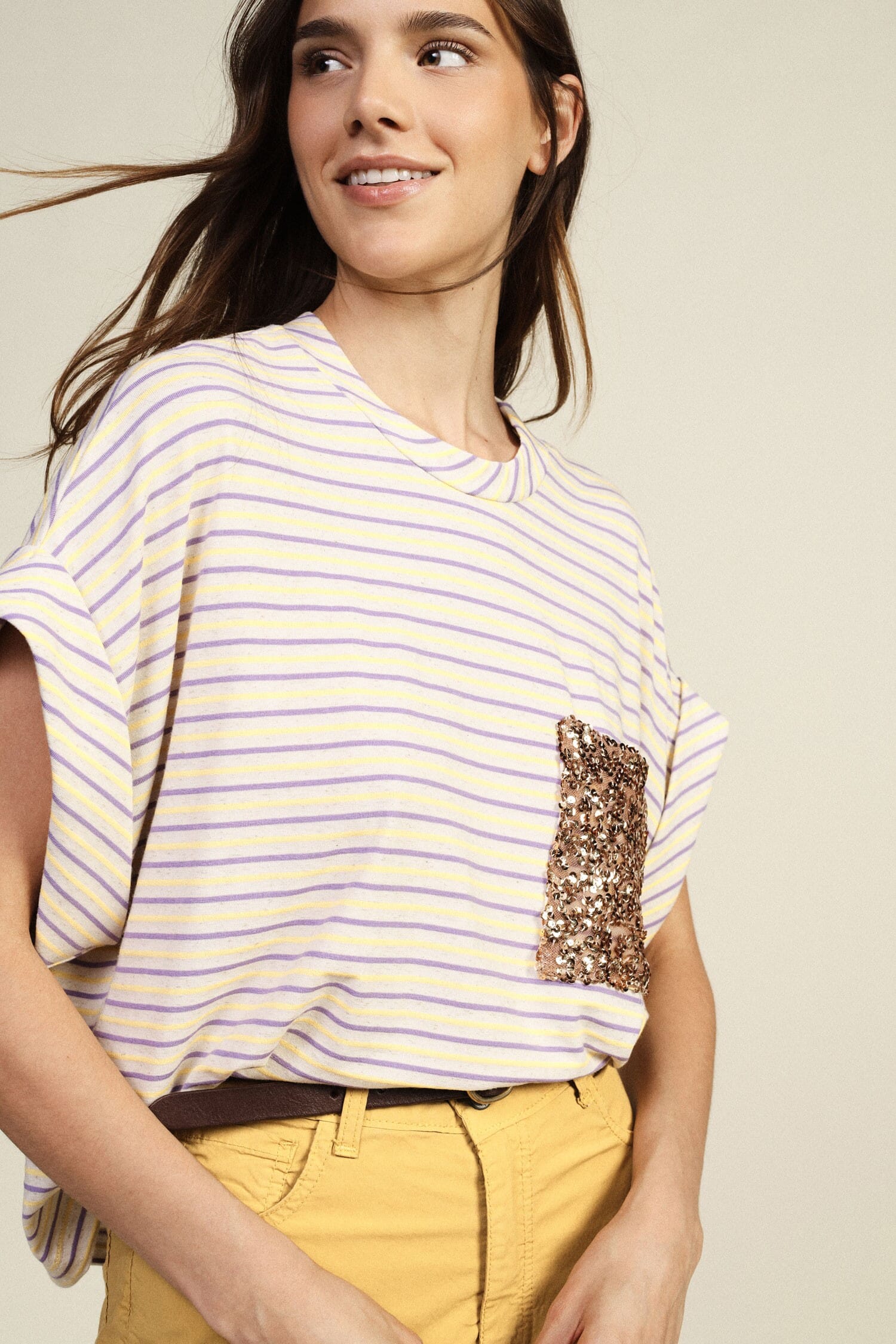 Striped T-Shirt With Patch Pocket Sequins Dixie
