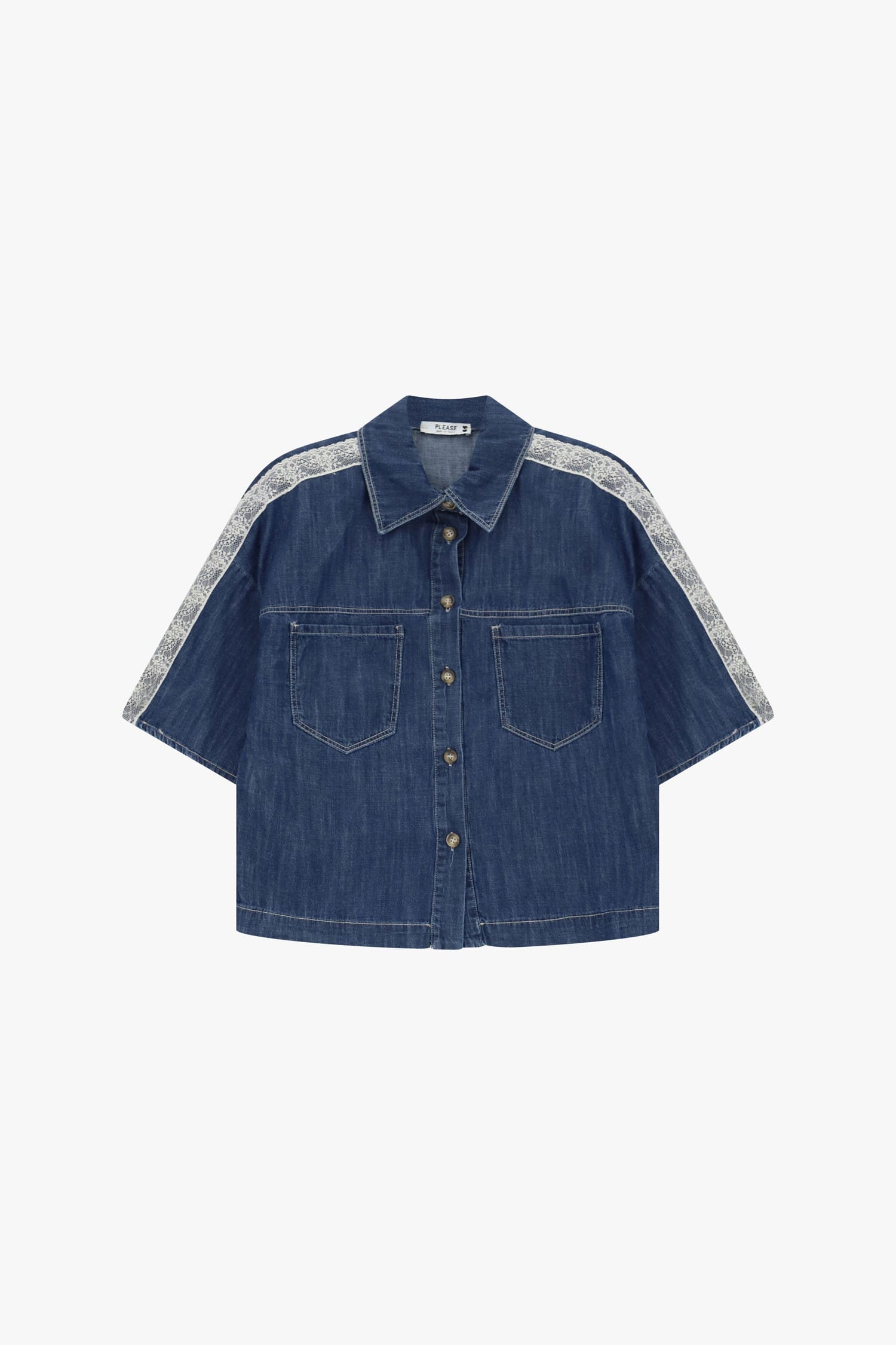 Camicia Denim Maniche Corte Con Profili Stampati Please