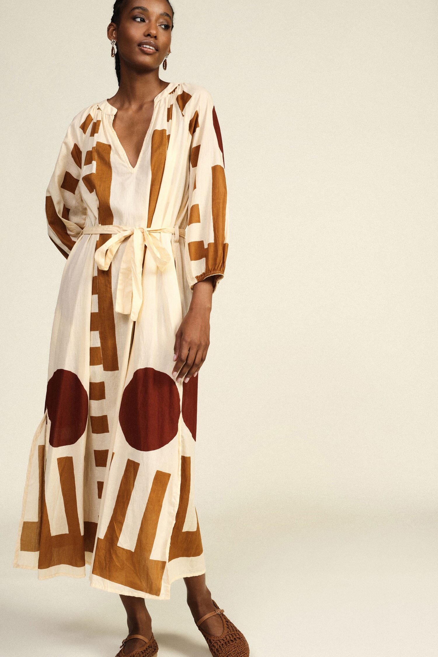 Robe longue Tissu imprimé géométrique Ceinture Dixie