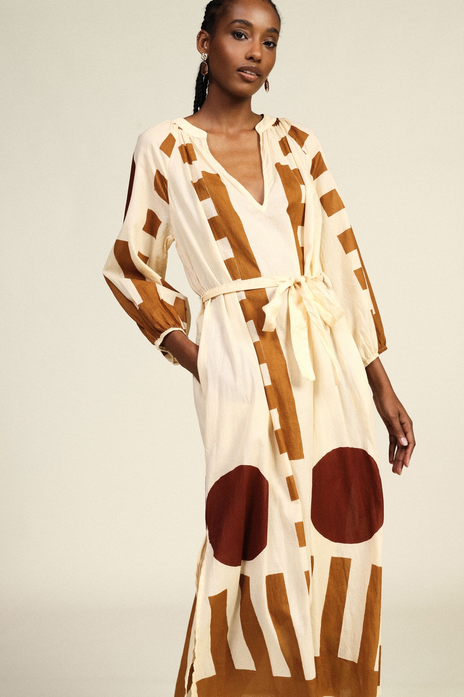 Robe longue Tissu imprimé géométrique Ceinture Dixie