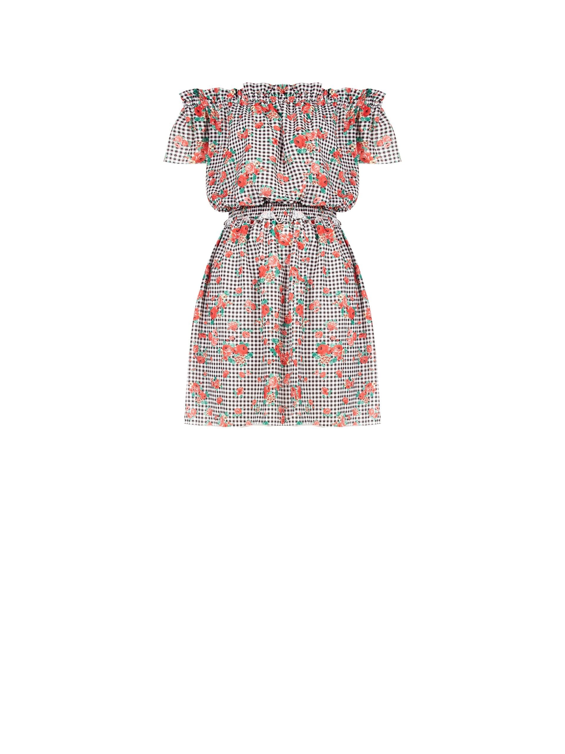 Short Check and Rose Print Dress with Elasticated Waist – Rinascimento
