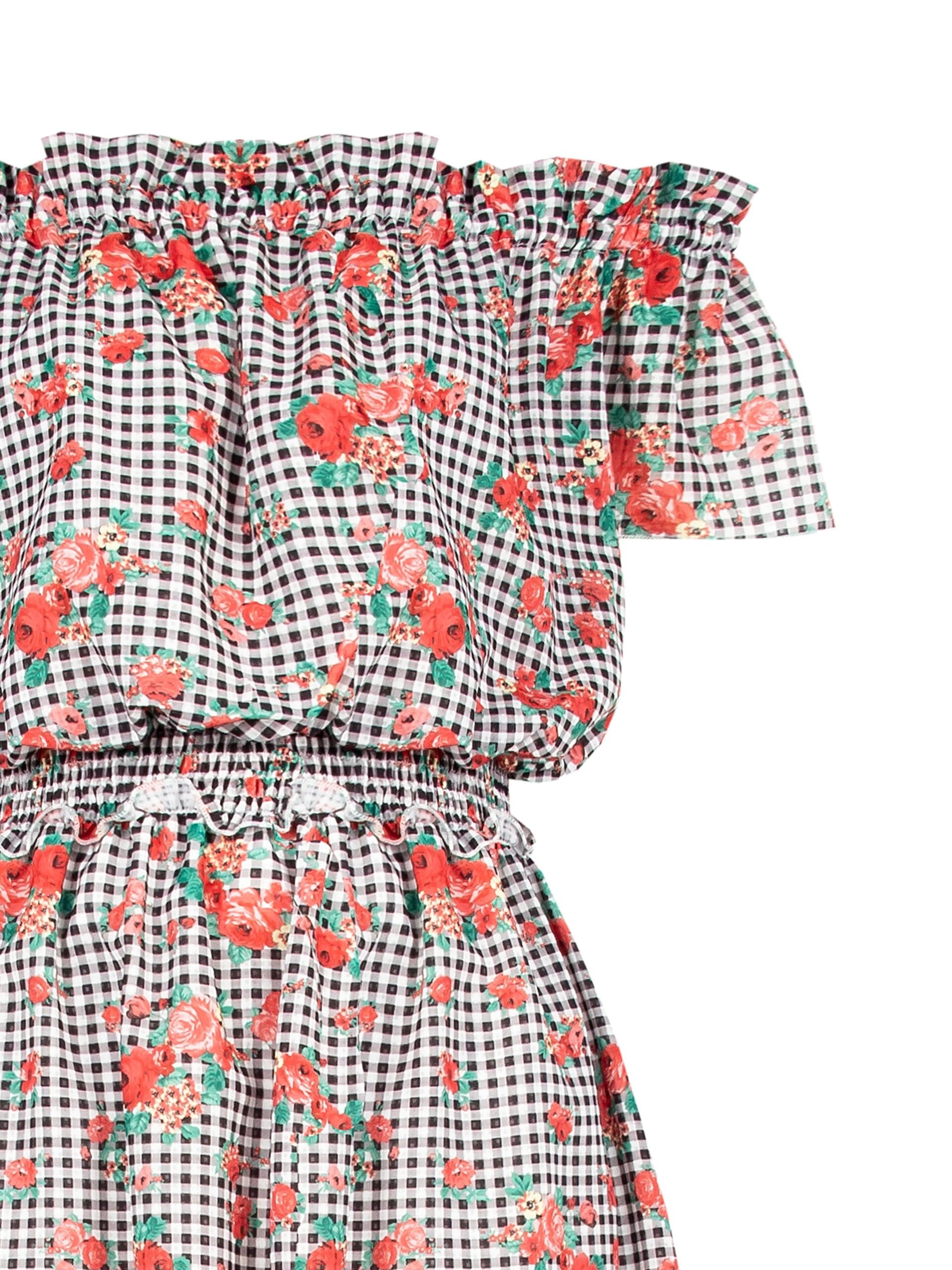 Short Check and Rose Print Dress with Elasticated Waist – Rinascimento