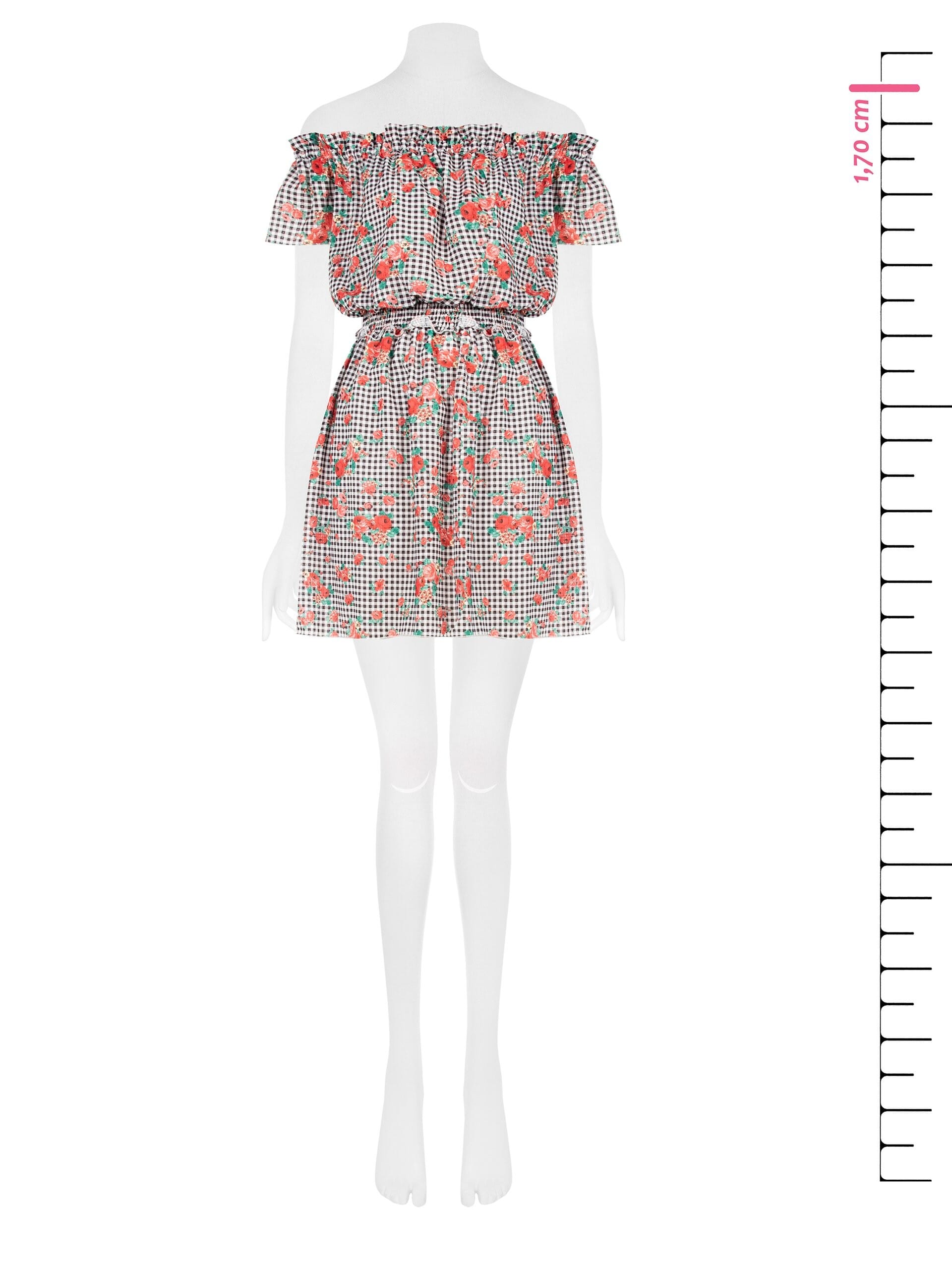 Short Check and Rose Print Dress with Elasticated Waist – Rinascimento