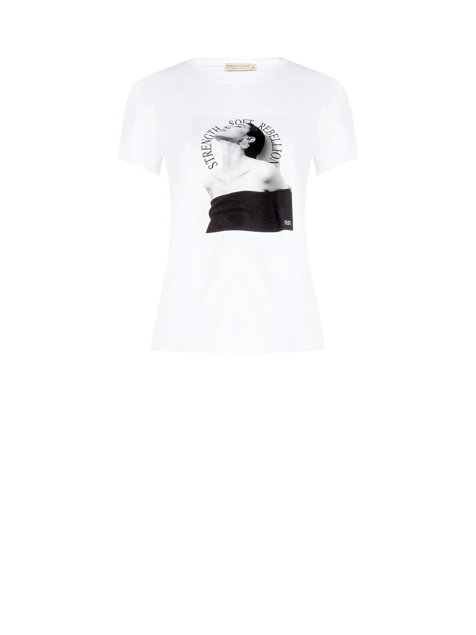 T-shirt coupe classique en coton mélangé, imprimé pour femme, avec strass « Rinascimento »
