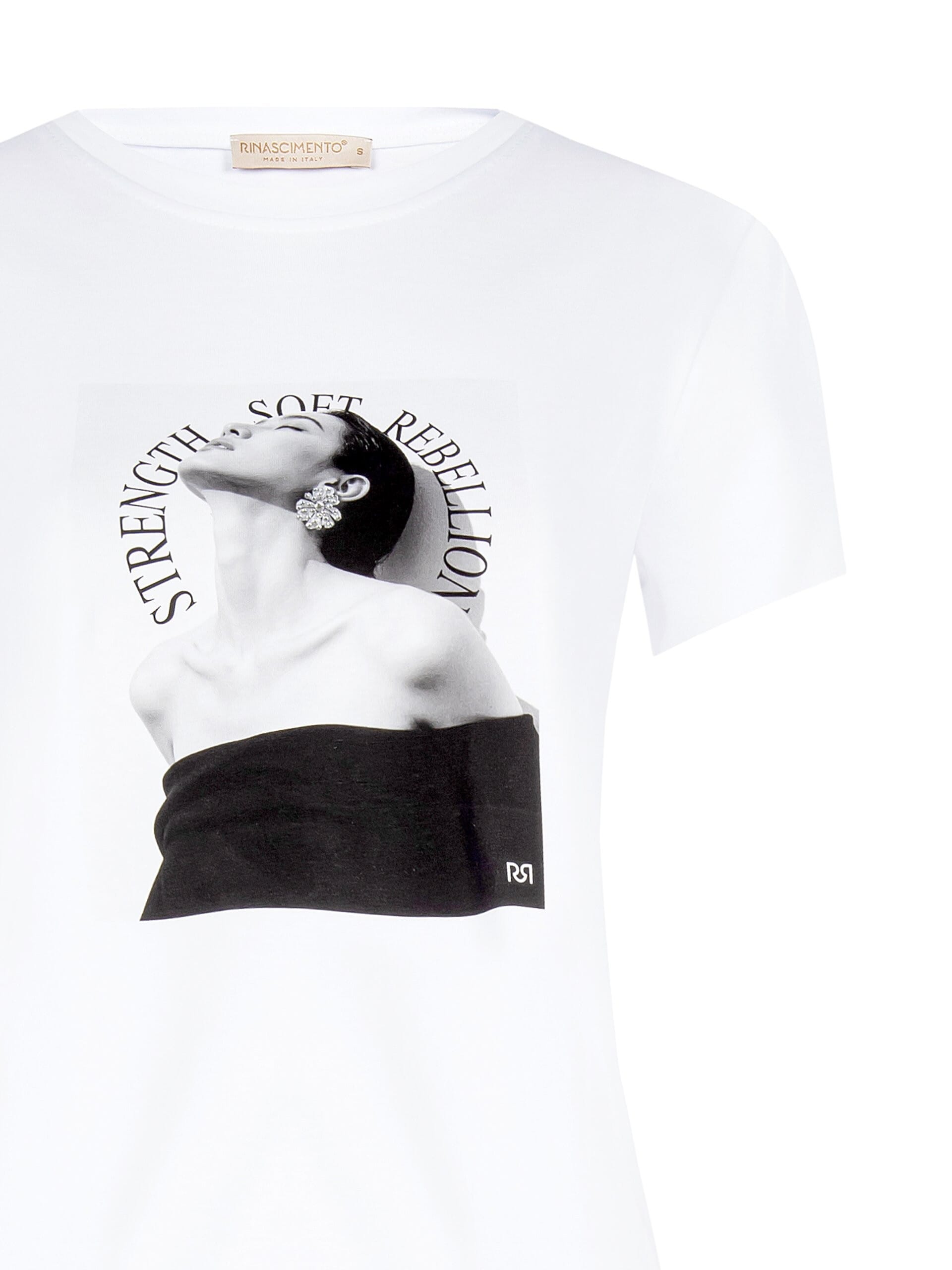 T-shirt coupe classique en coton mélangé, imprimé pour femme, avec strass « Rinascimento »