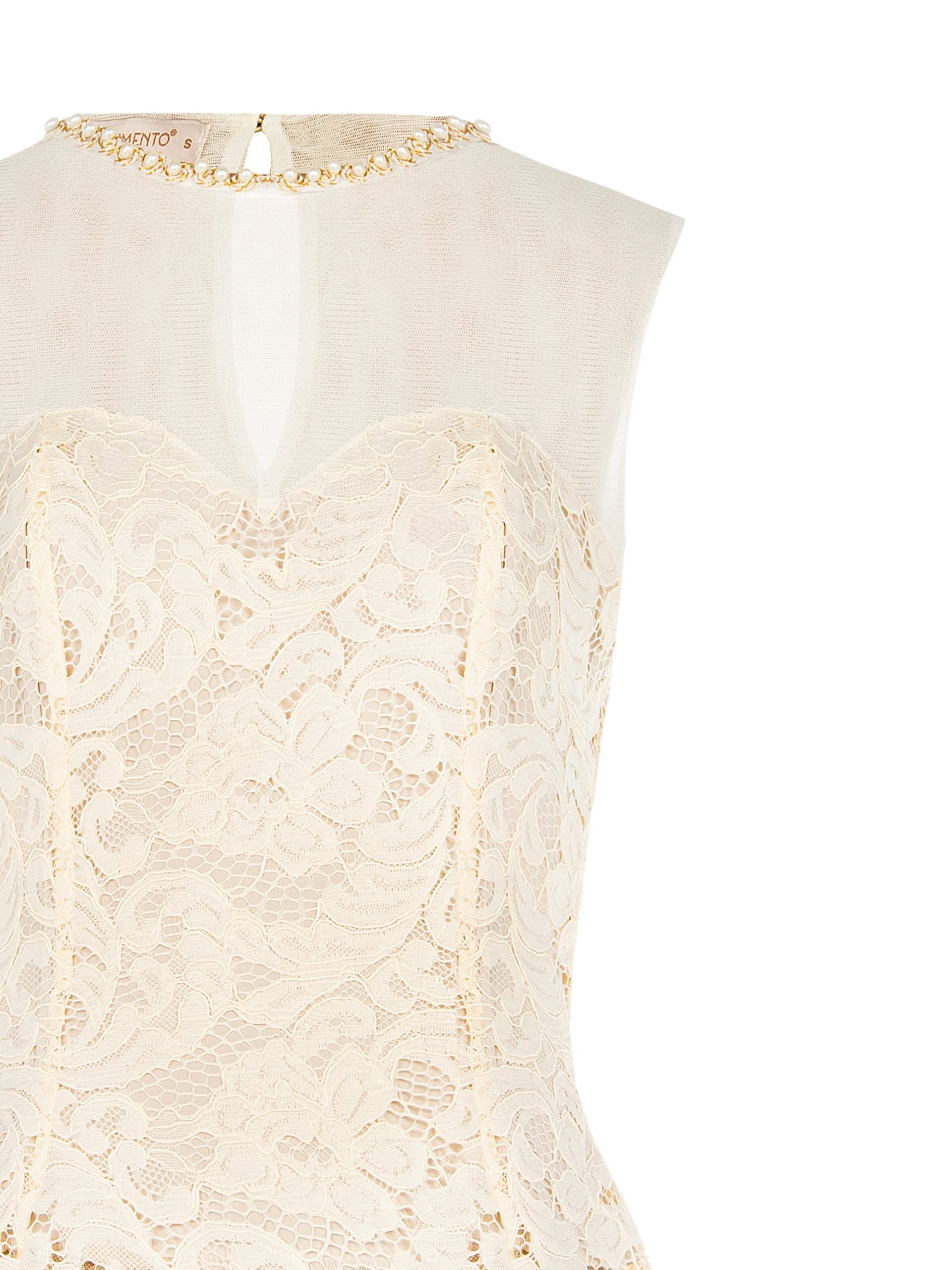 Haut bustier cintré en dentelle avec empiècement en tulle et col rond orné de perles « Rinascimento »