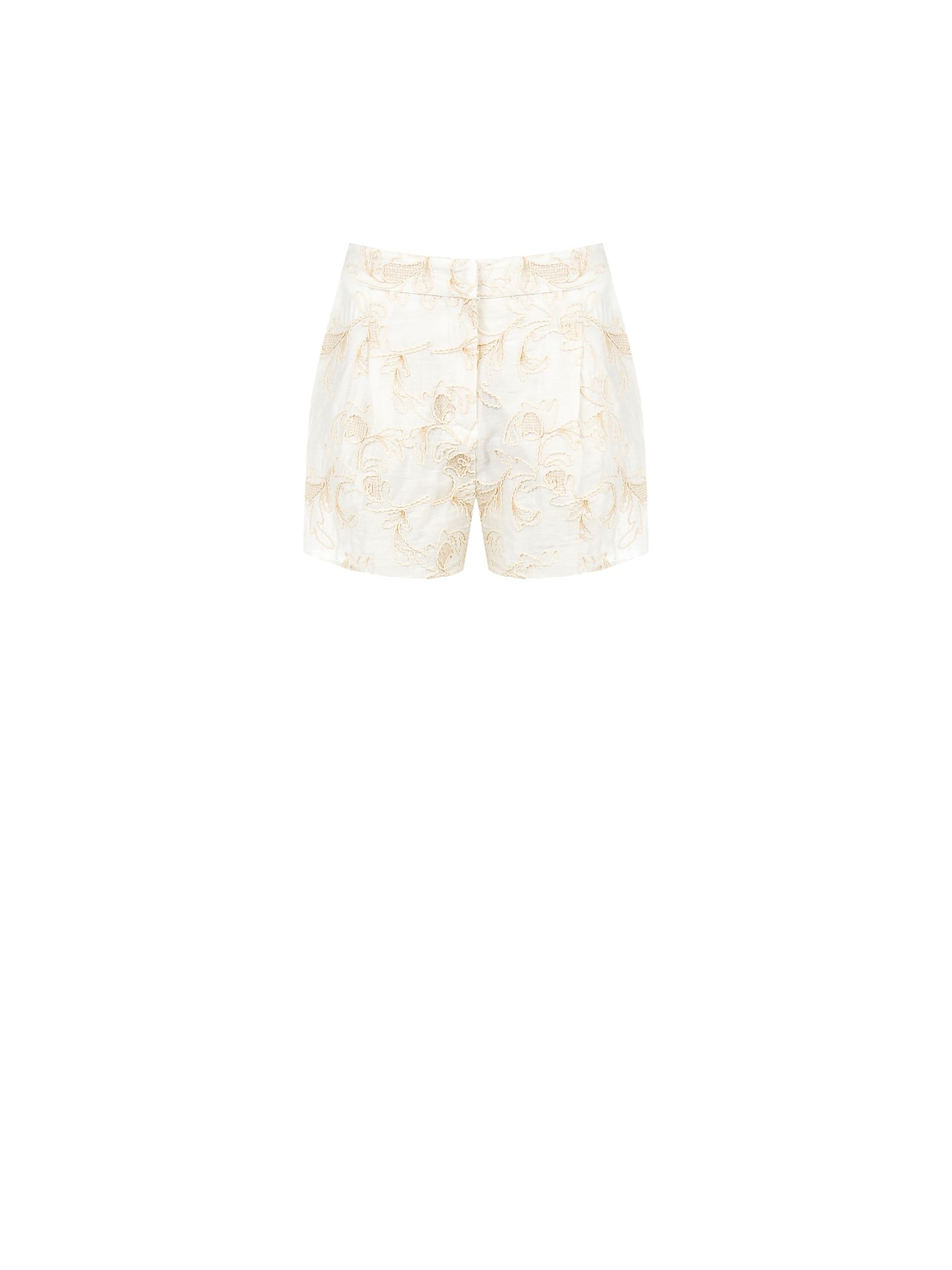 Pantaloni Corti In Misto Viscosa E Lino Con Ricami A Fiori In Rilievo Rinascimento
