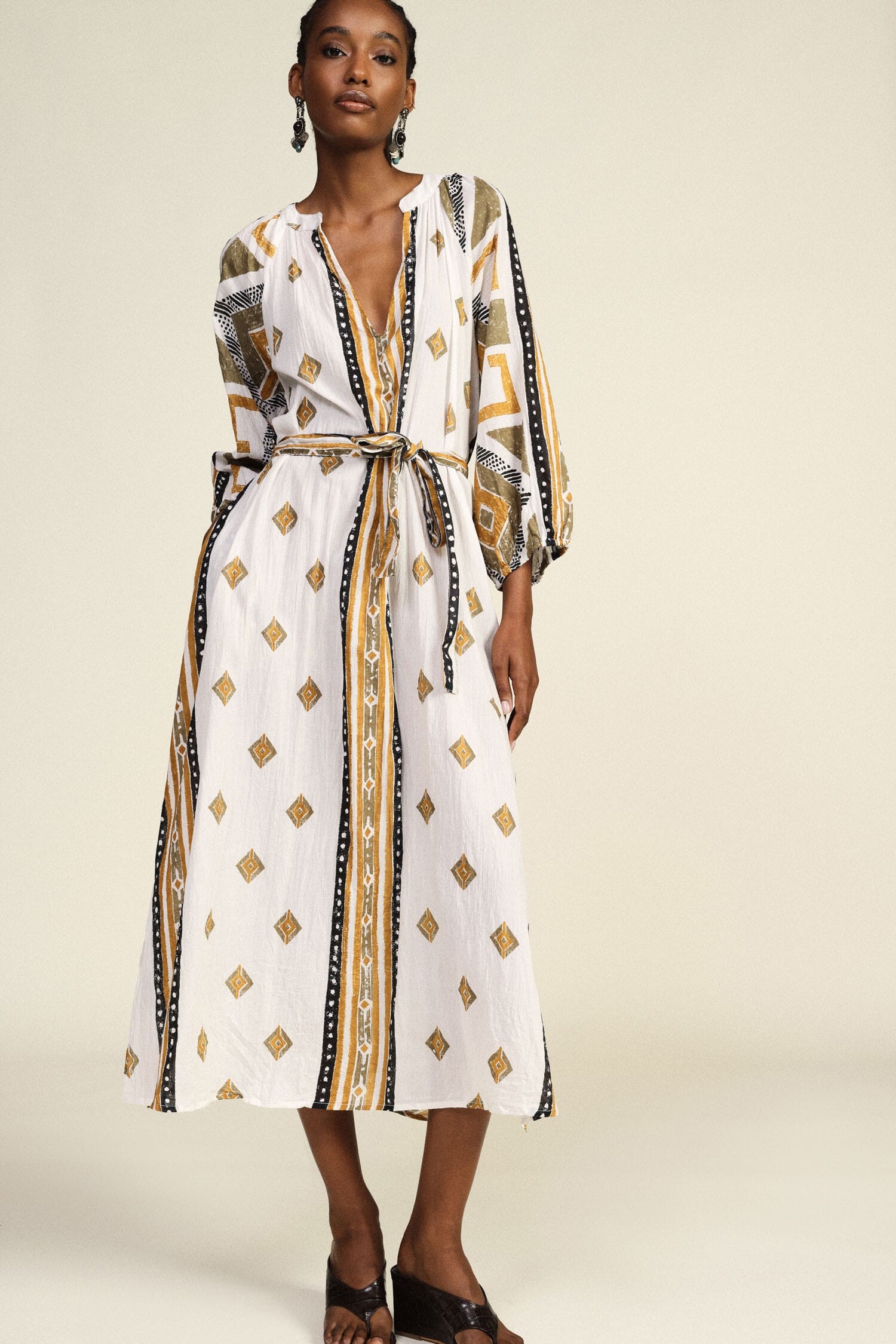 Long Dress with Geometric Print and Belt – Dixie Fabric