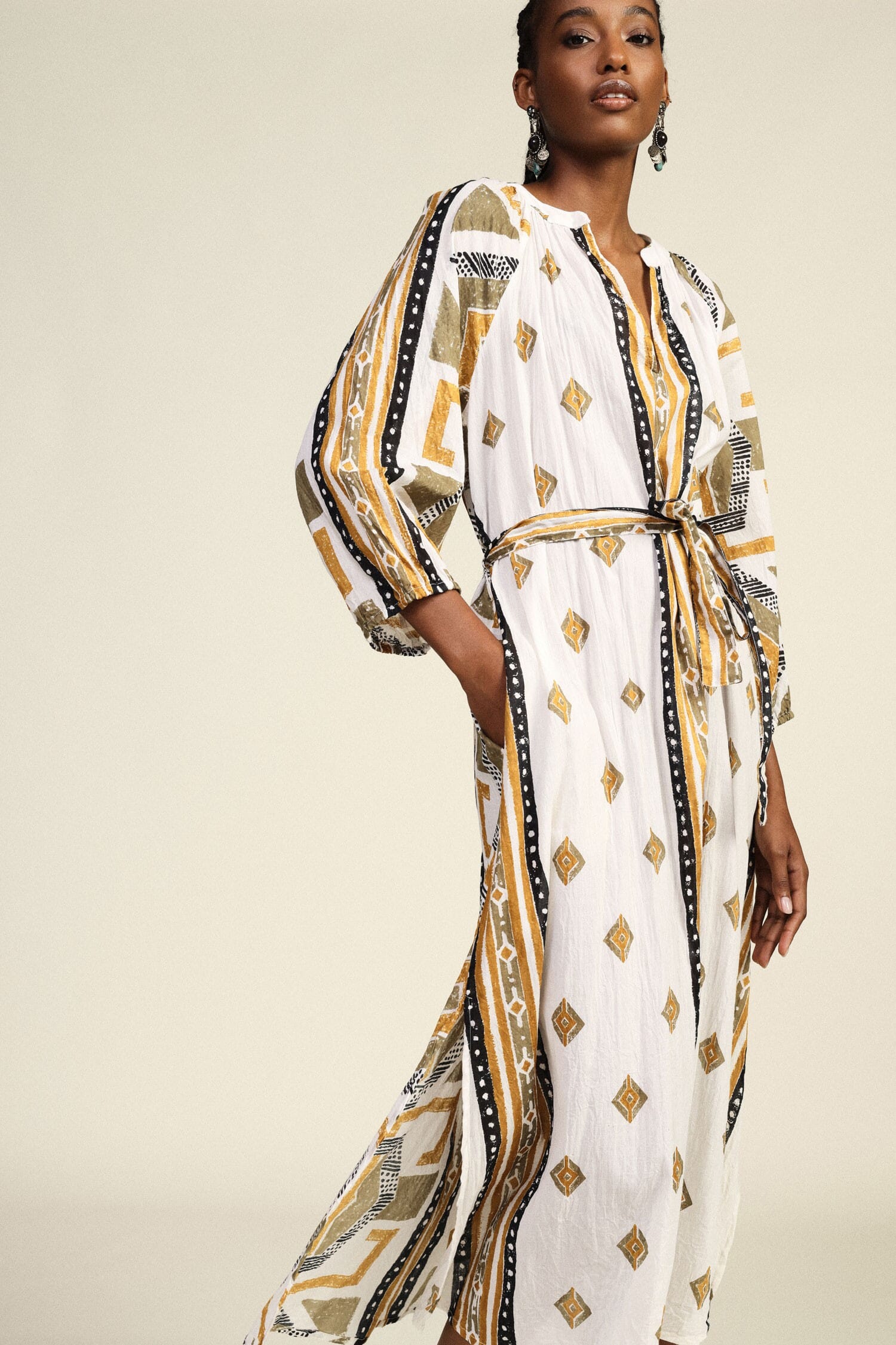 Long Dress with Geometric Print and Belt – Dixie Fabric