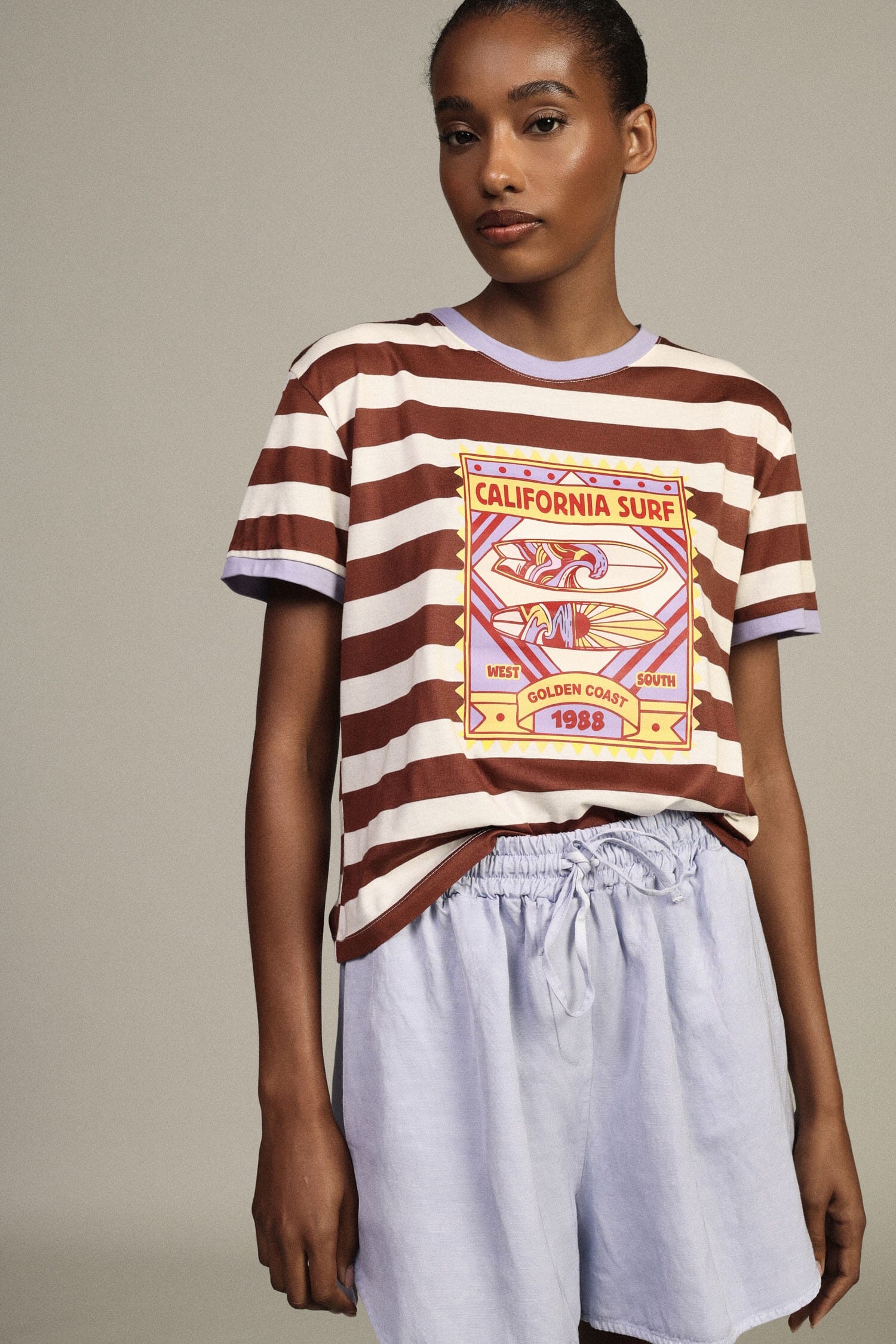 Striped T-shirt with ‘California Surf Dixie’ print