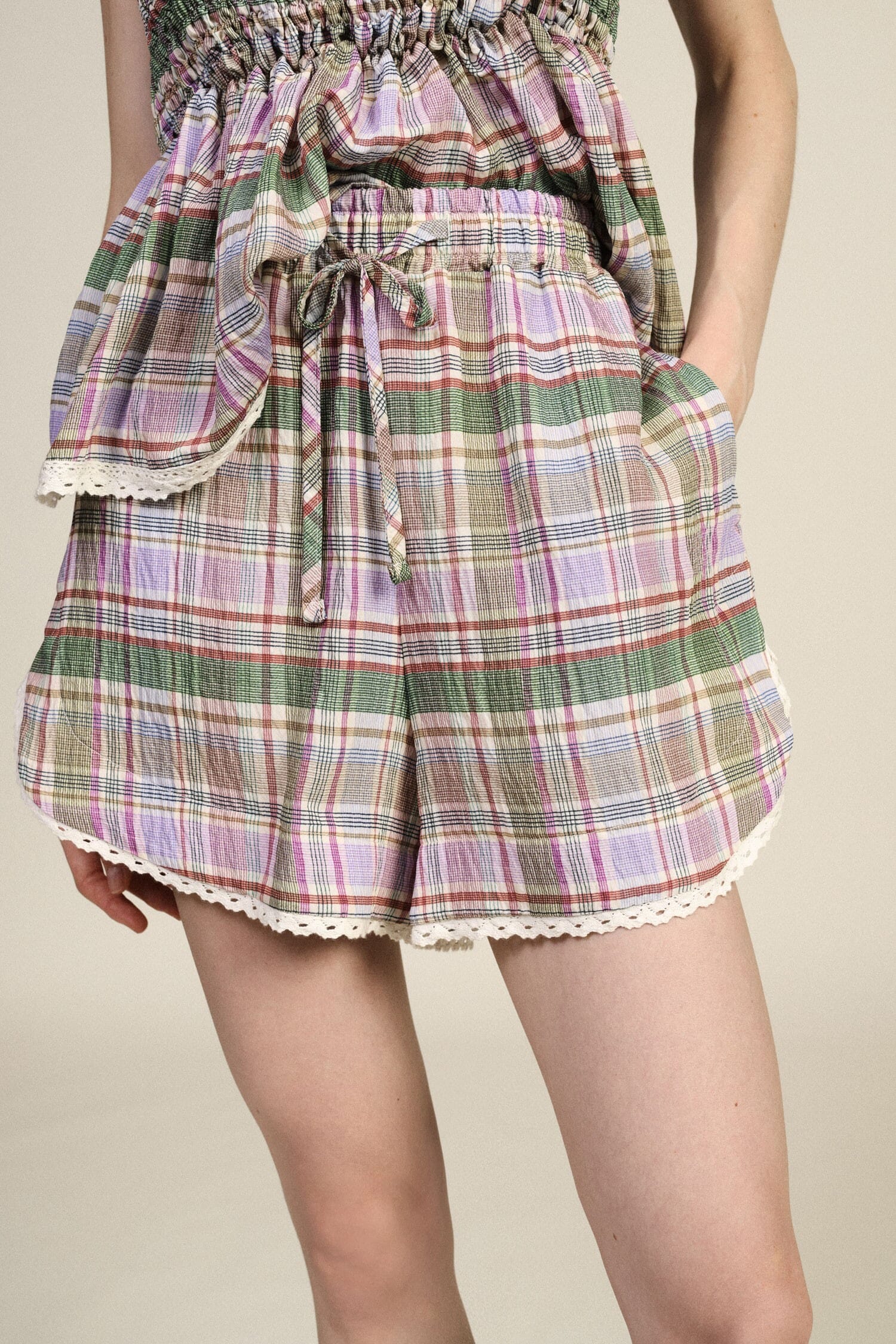 Dixie Checked Shorts with Drawstring and Embroidered Hem