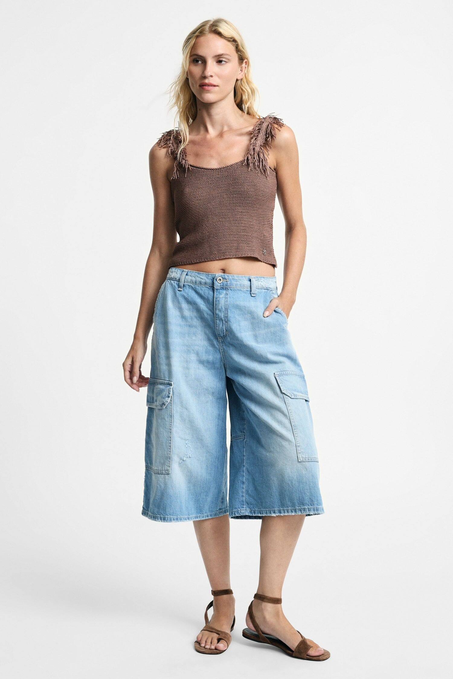 Denim Cargo Shorts With Wide Legs And Side Pockets Please