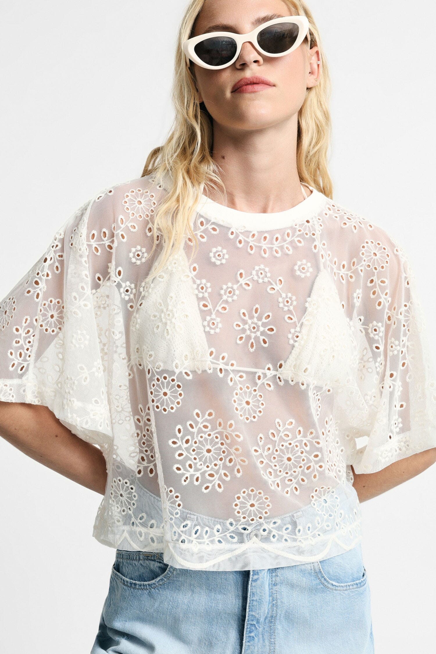 Boxy Top With Floral Embroidery And Scalloped Edge Please