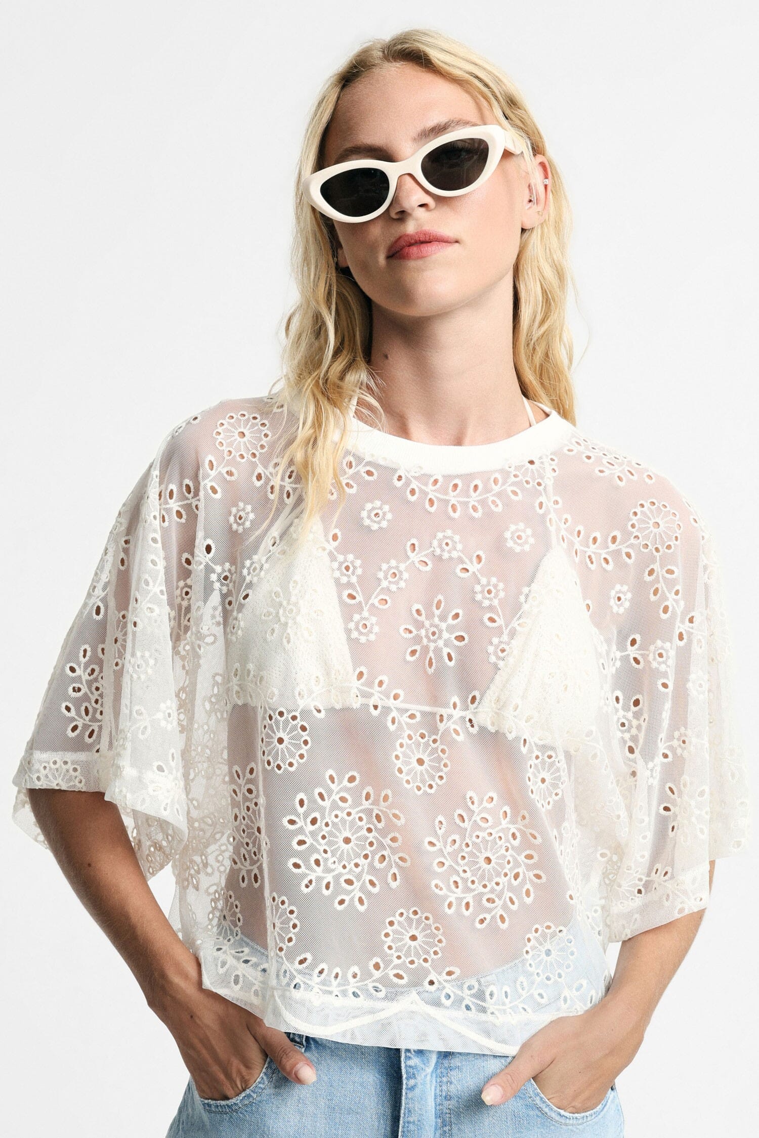 Boxy Top With Floral Embroidery And Scalloped Edge Please
