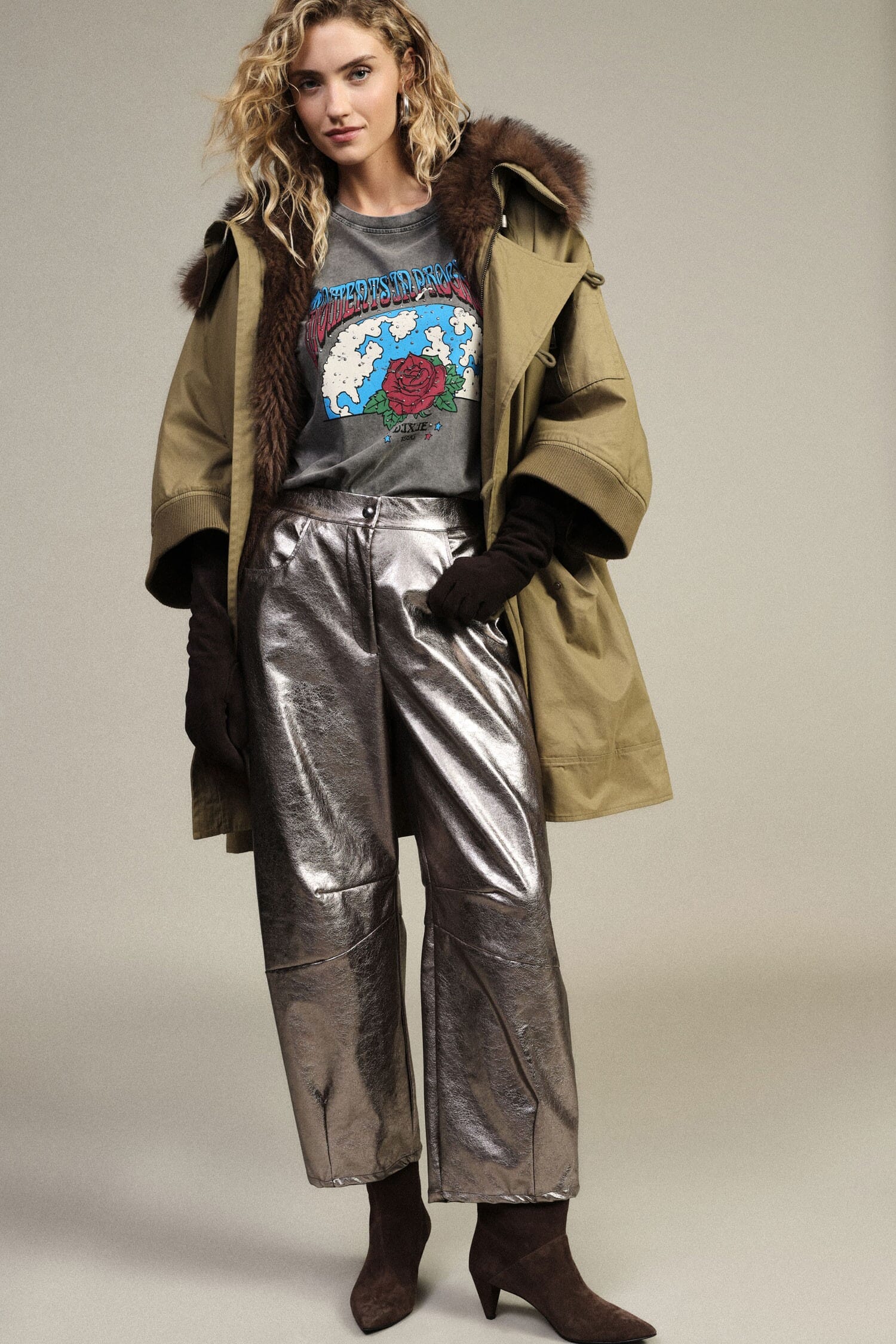 Pantaloni Palazzo Effetto Metallizzato A Vita Alta Dixie