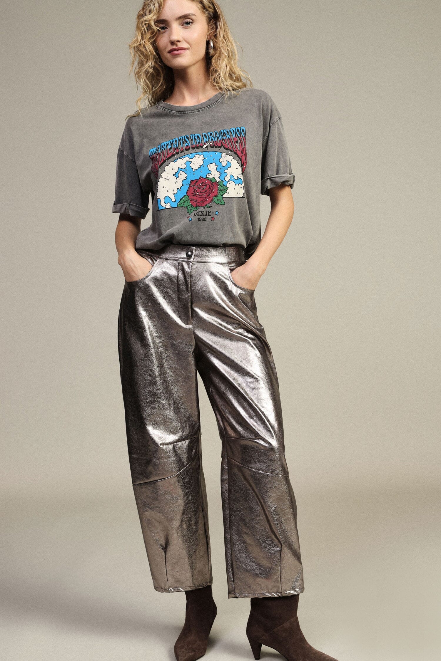 Pantaloni Palazzo Effetto Metallizzato A Vita Alta Dixie