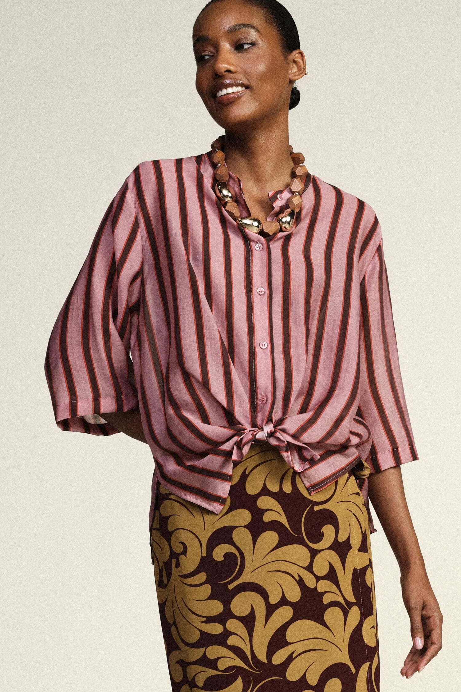 Camicia A Righe Con Nodo Frontale E Maniche Tre Quarti Dixie