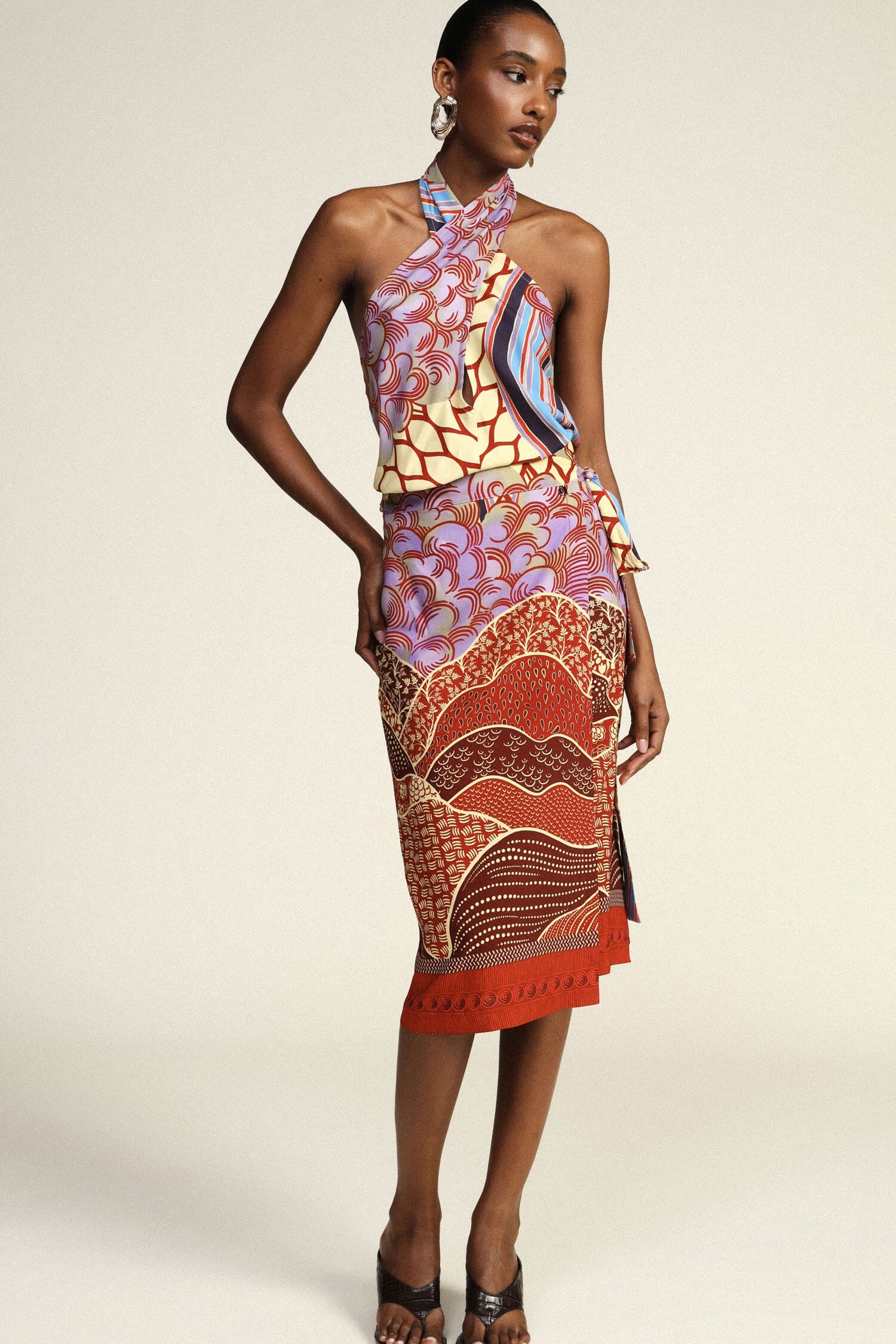 Dixie Patterned Midi Skirt with Graphic Print and Sash