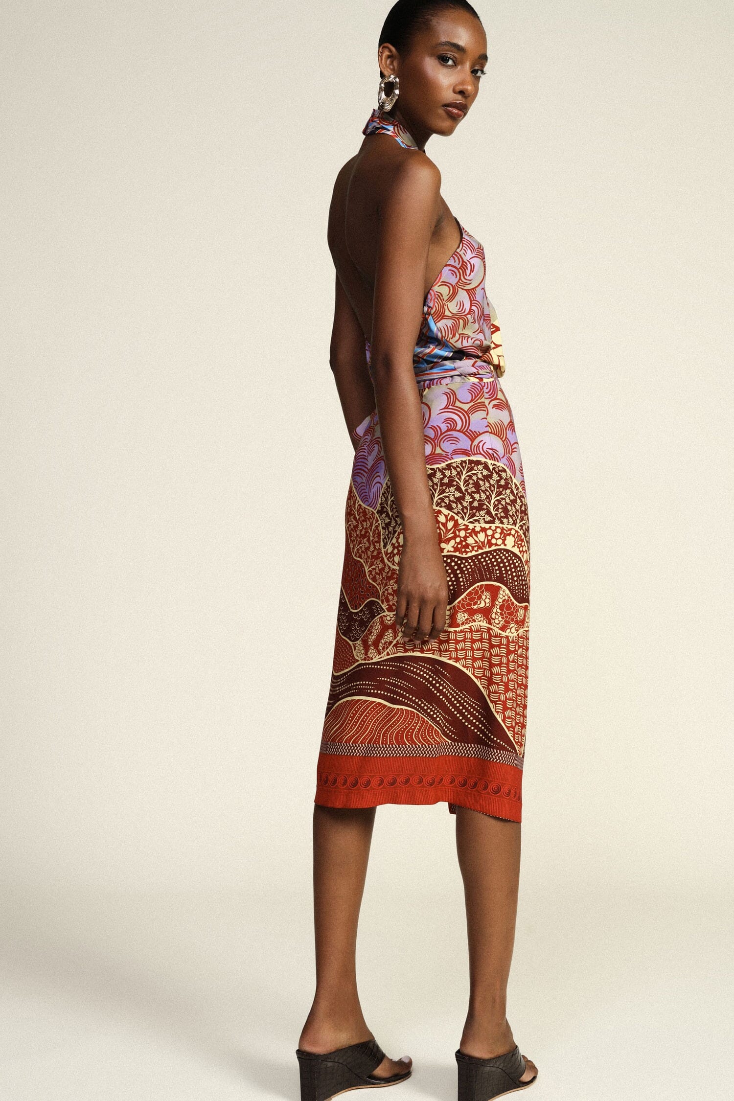 Dixie Patterned Midi Skirt with Graphic Print and Sash