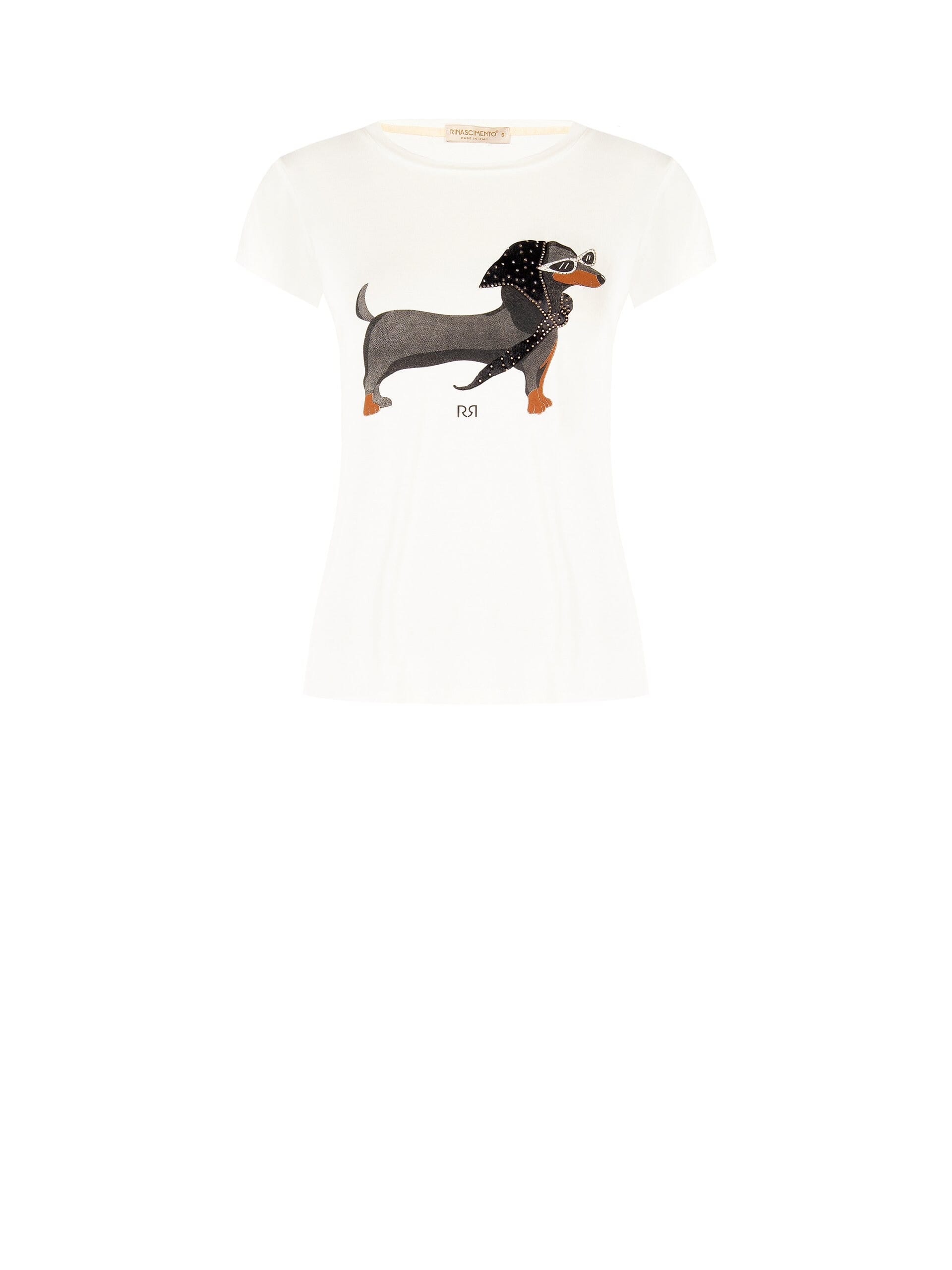 T-shirt coupe classique en mélange de viscose, avec imprimé « teckel » et strass « Rinascimento »