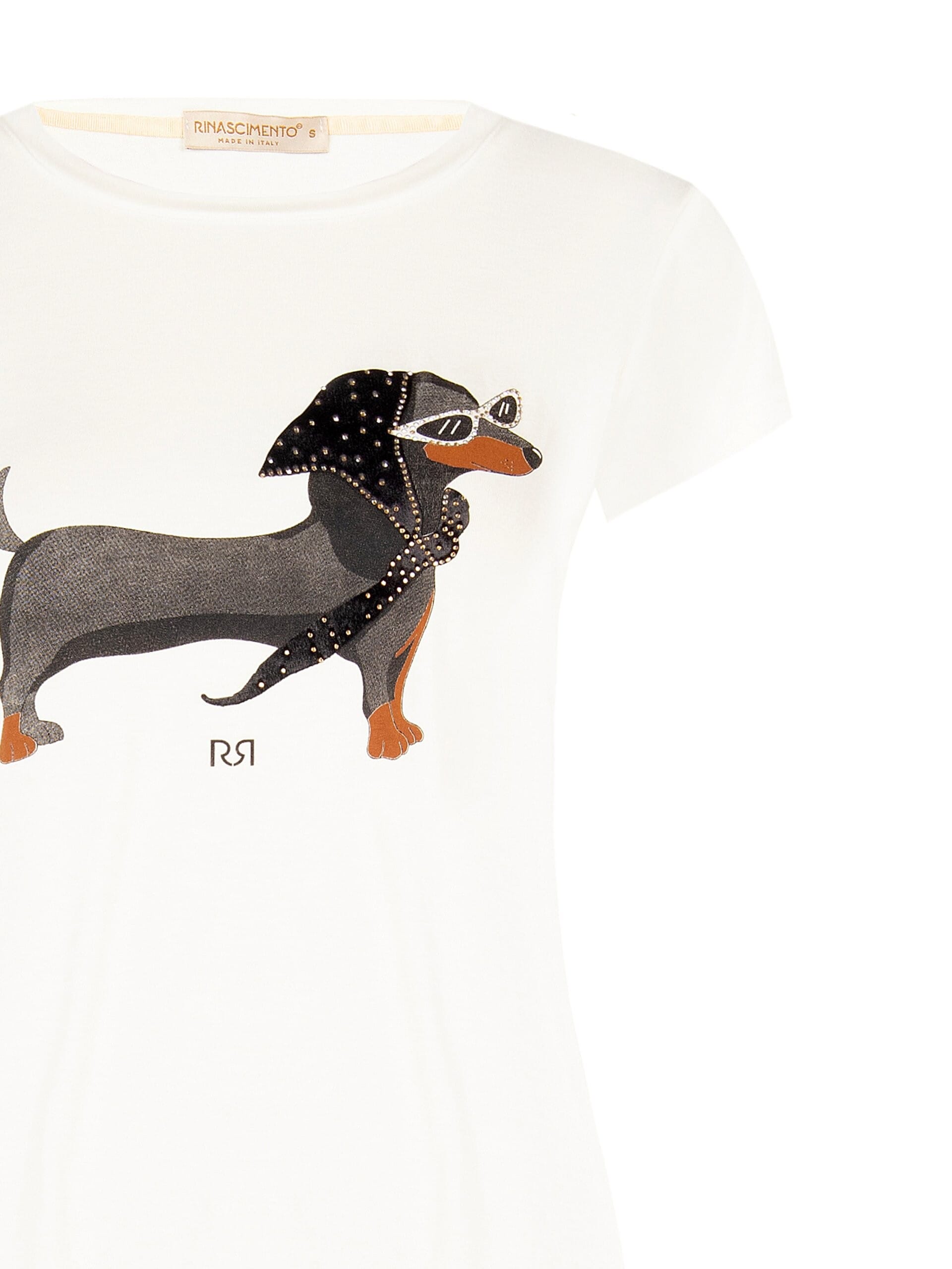 T-shirt coupe classique en mélange de viscose, avec imprimé « teckel » et strass « Rinascimento »