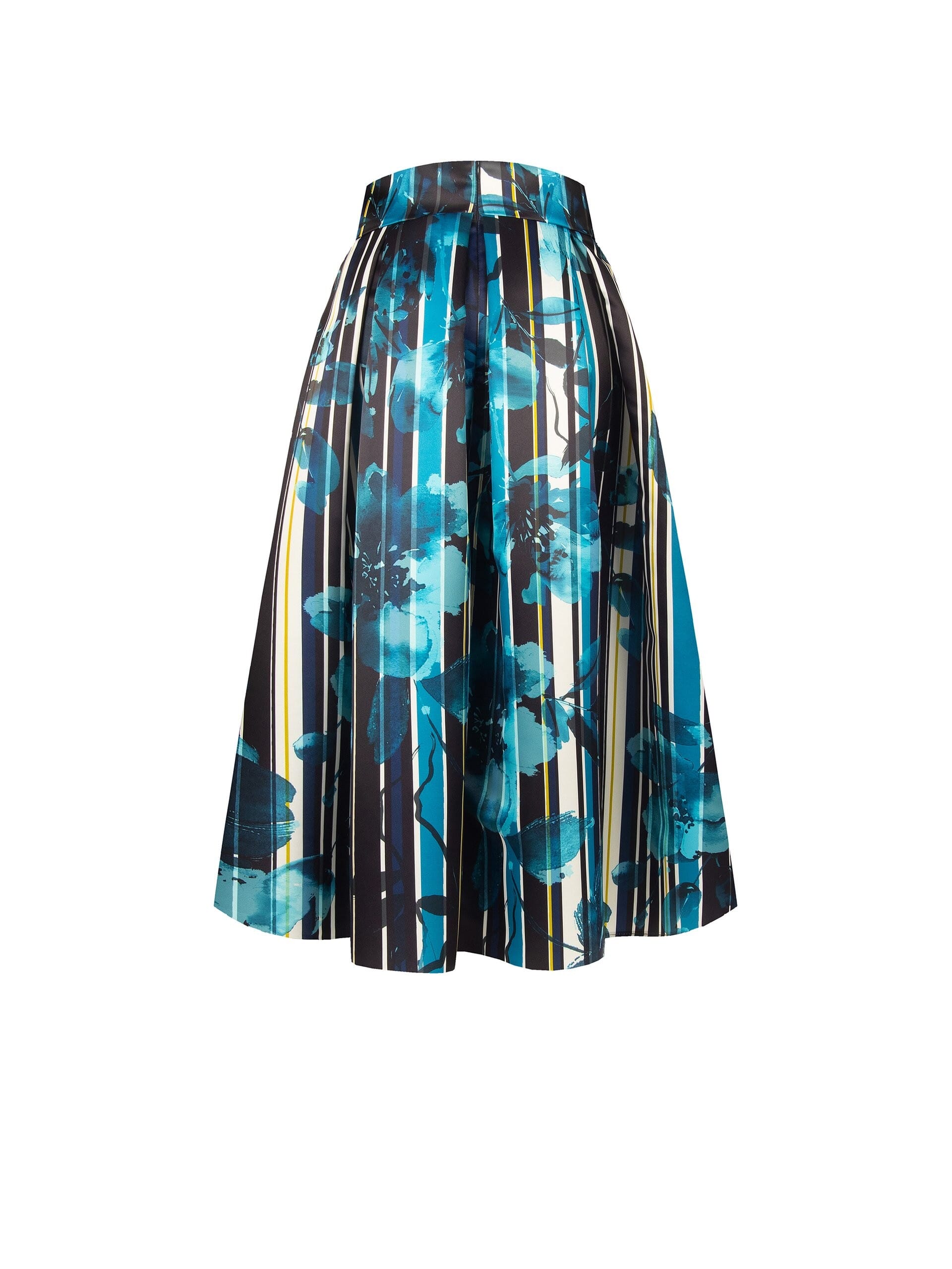 Jupe longue en satin structuré « Duchesse », à motifs floraux et rayures, avec poches « Rinascimento »