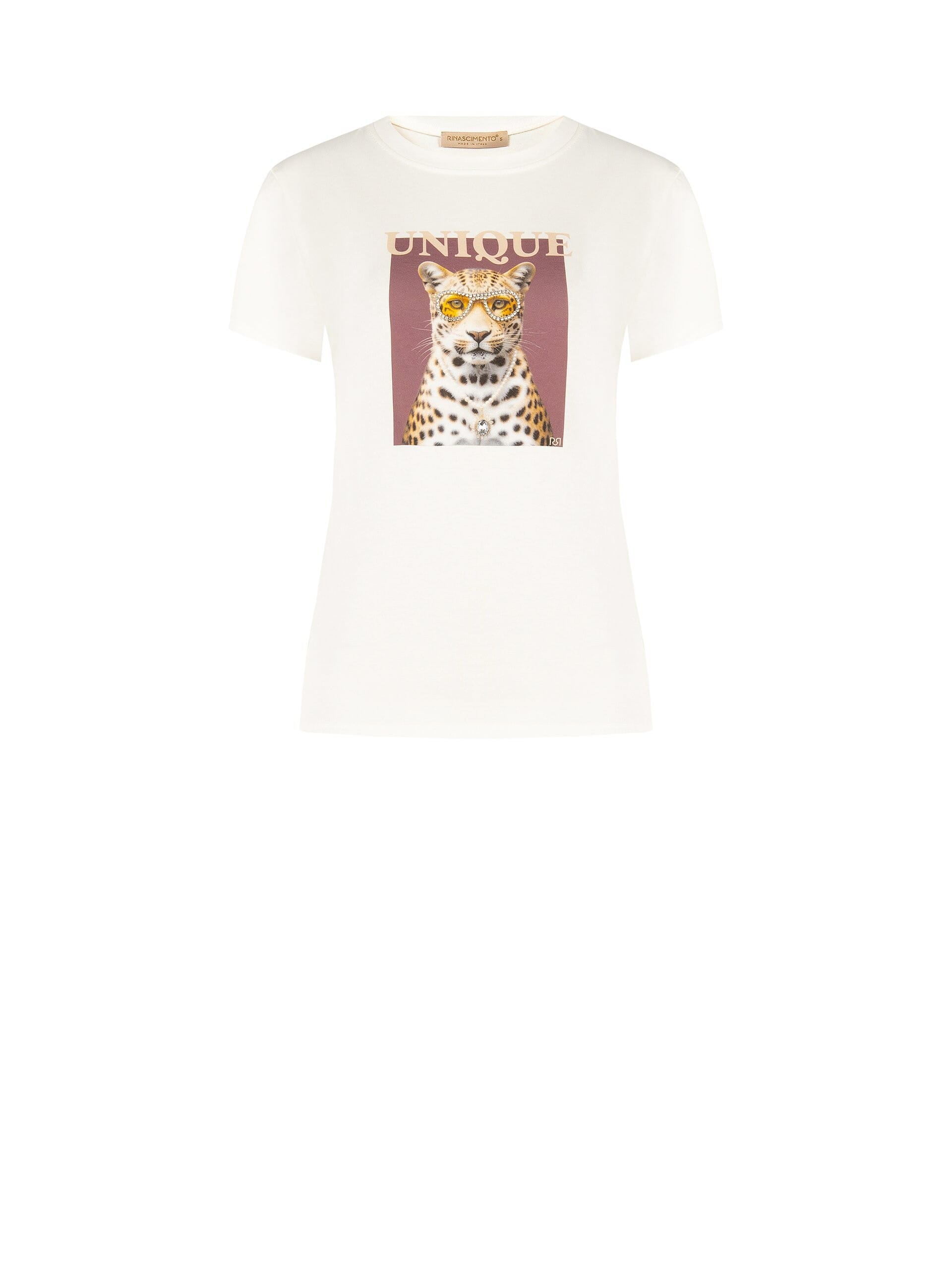 T-Shirt Regular In Misto Cotone Stampa Leopardo Con Strass Rinascimento