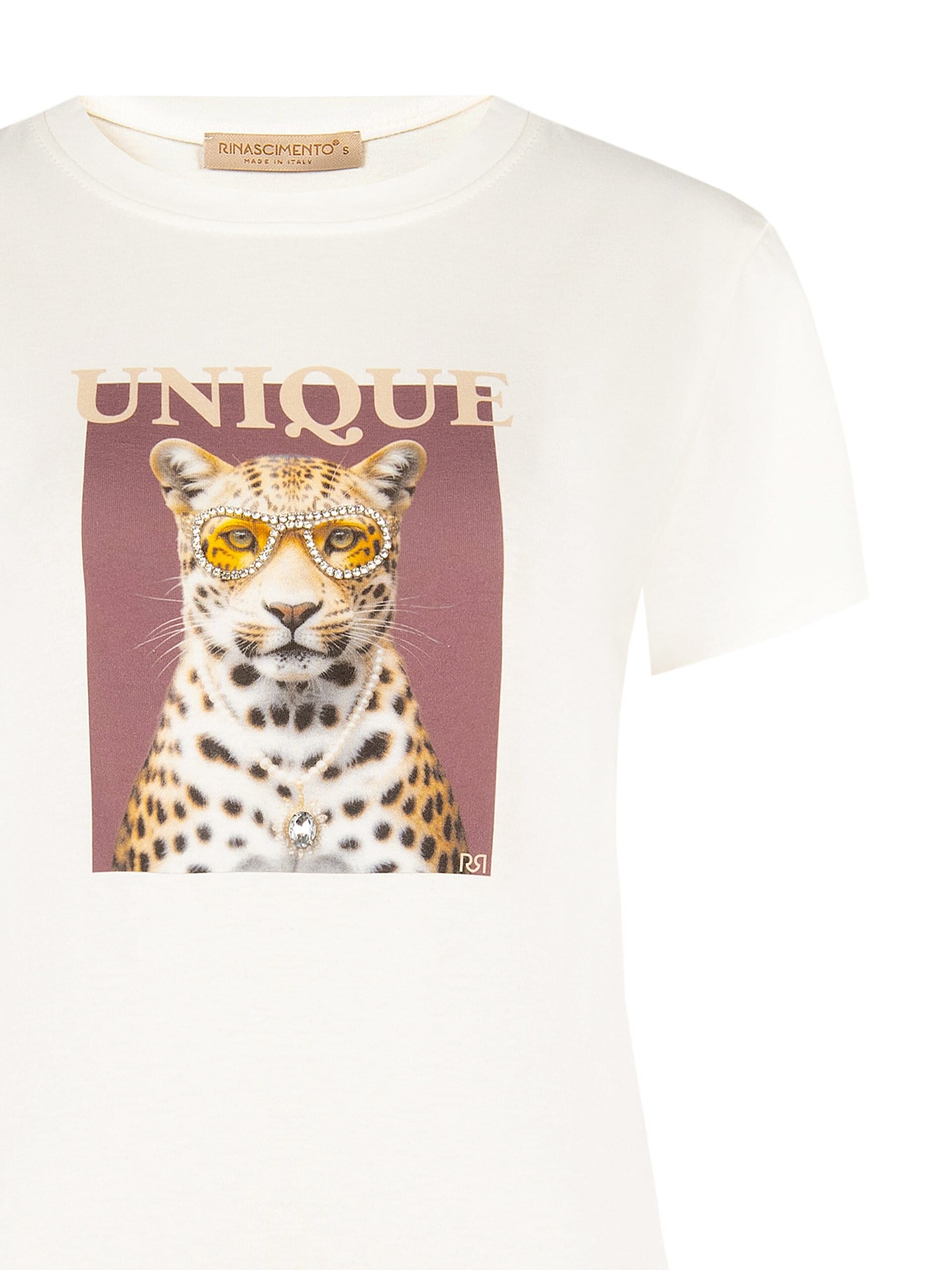 T-Shirt Regular In Misto Cotone Stampa Leopardo Con Strass Rinascimento