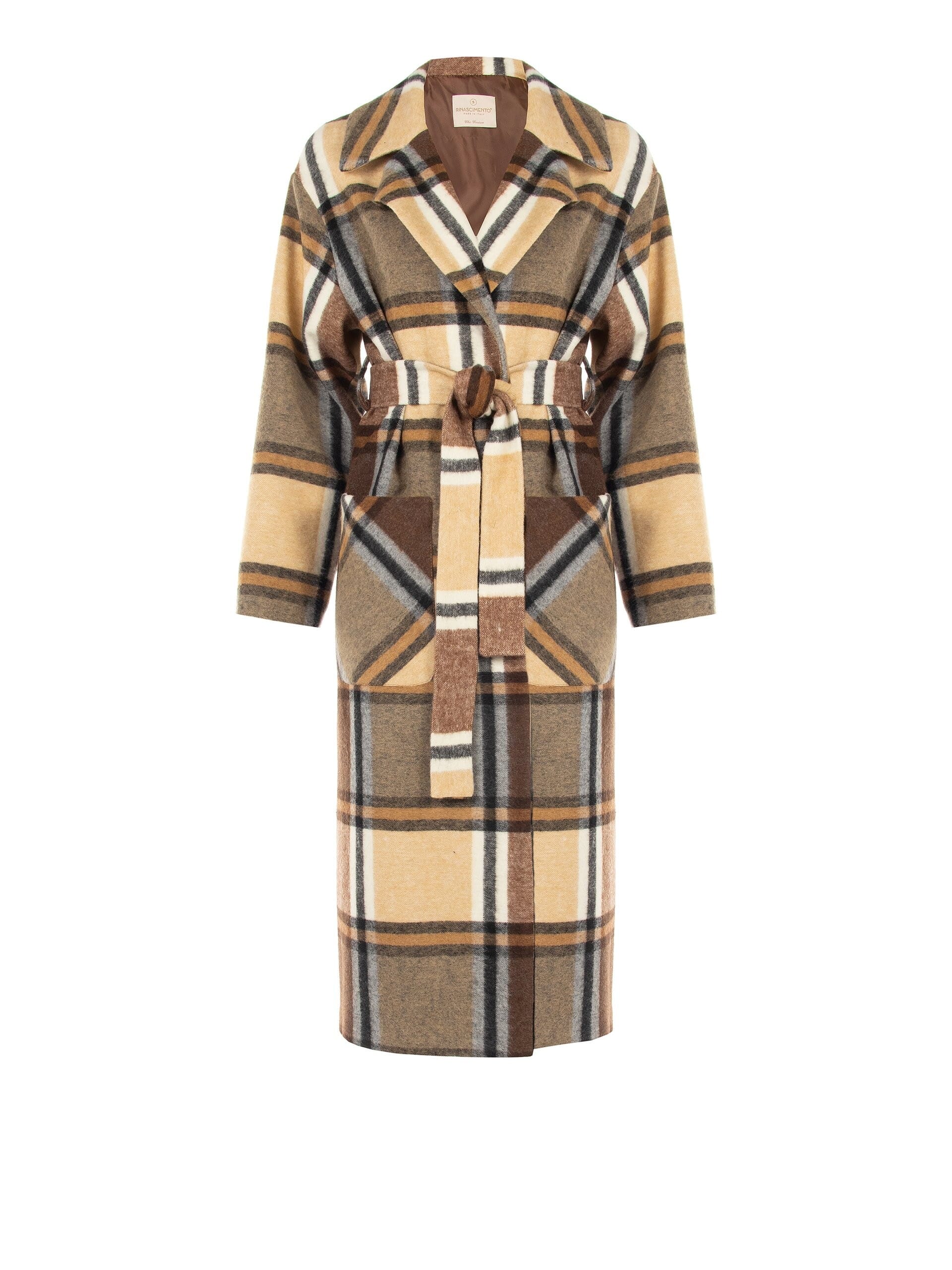 Long Check-Patterned Duster Coat Without Buttons and with Large Pockets by Rinascimento