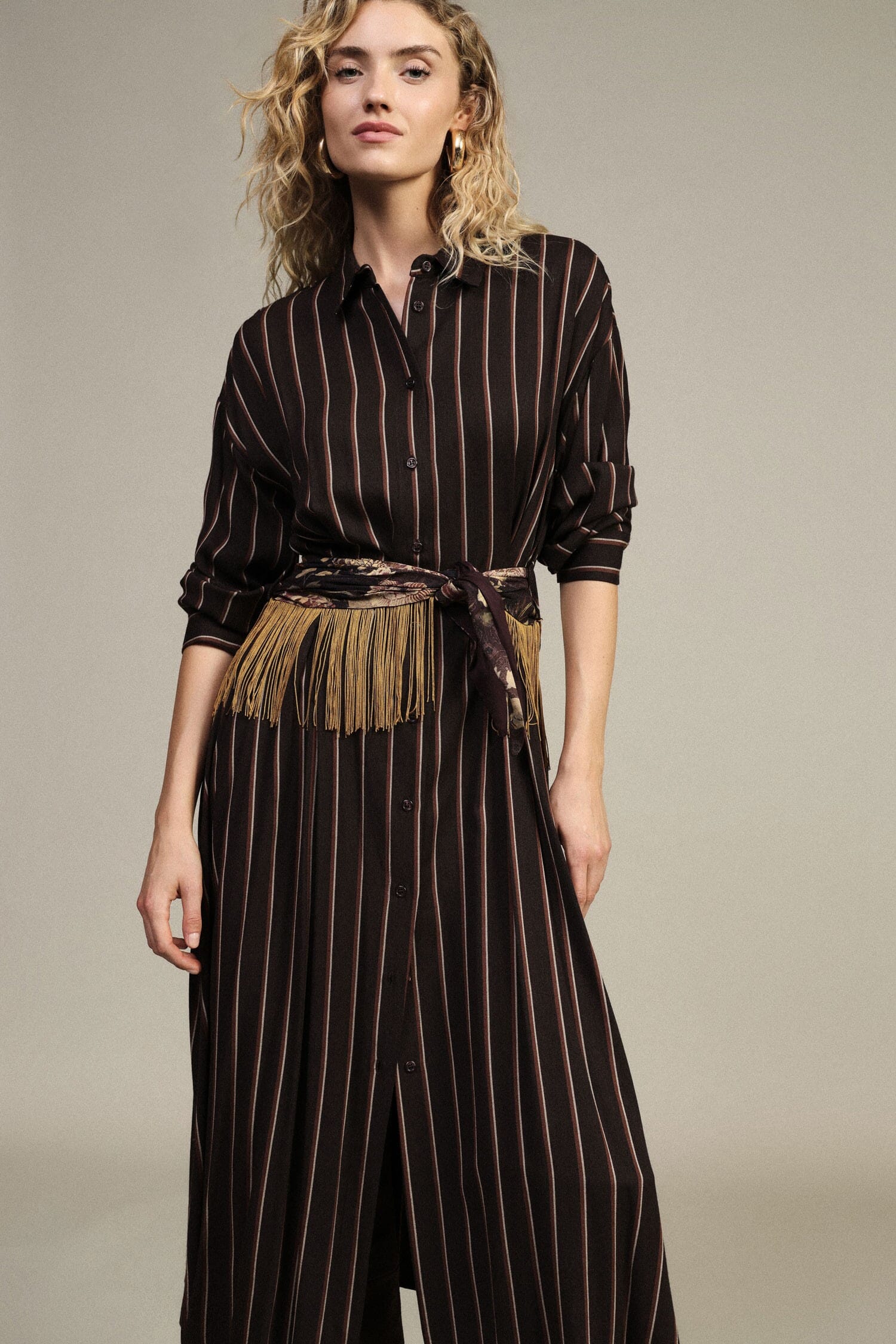 Vestito Lungo A Righe Con Cintura Frange Dixie