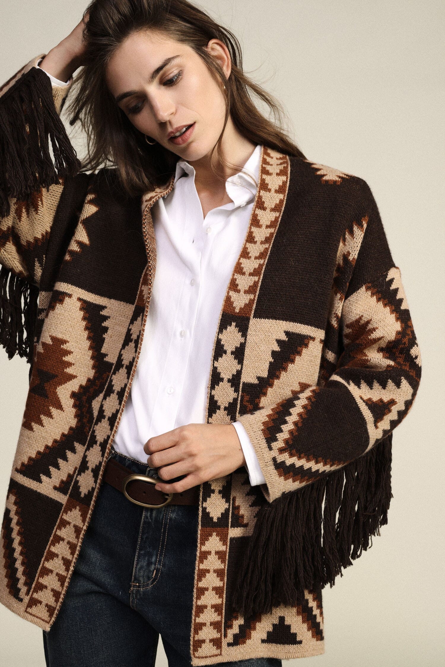 Cardigan A Stampa Geometrica Con Cintura E Frange Dixie