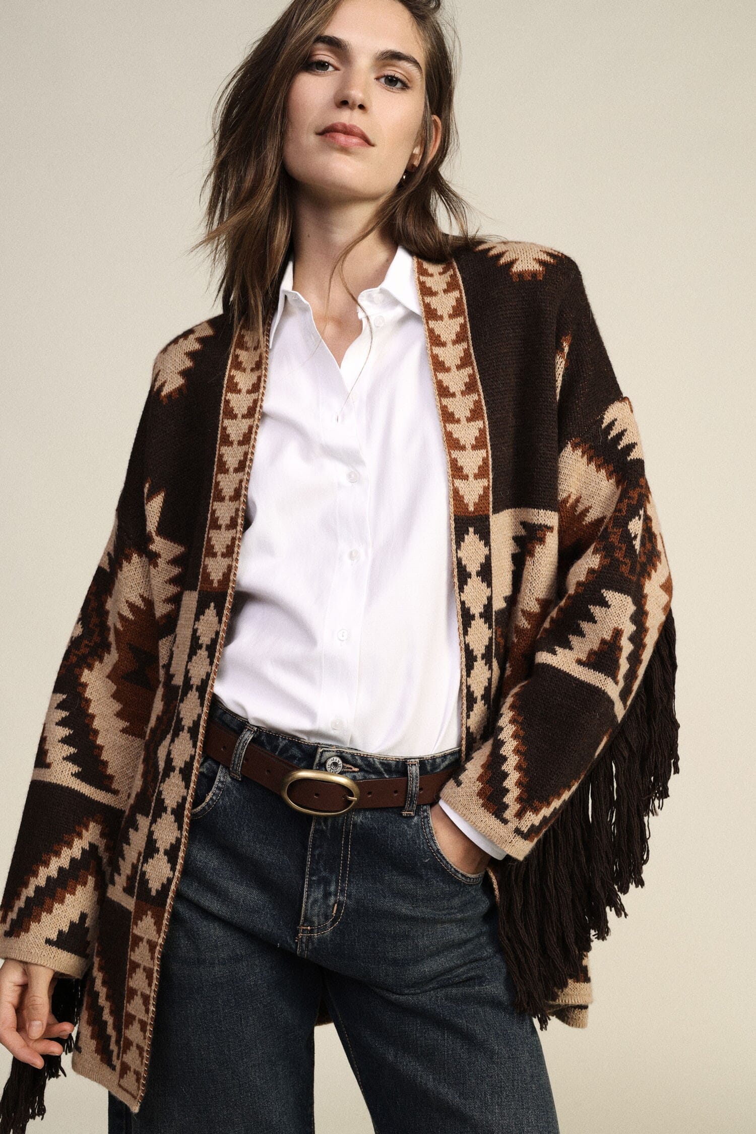 Cardigan A Stampa Geometrica Con Cintura E Frange Dixie