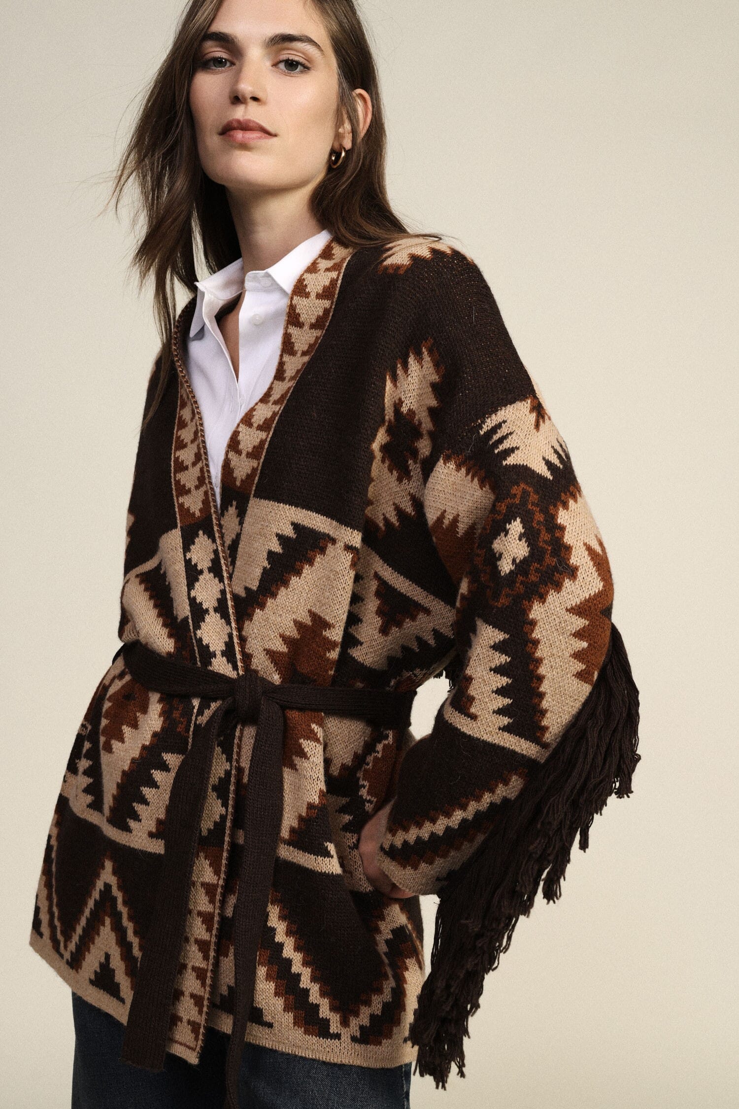 Cardigan A Stampa Geometrica Con Cintura E Frange Dixie