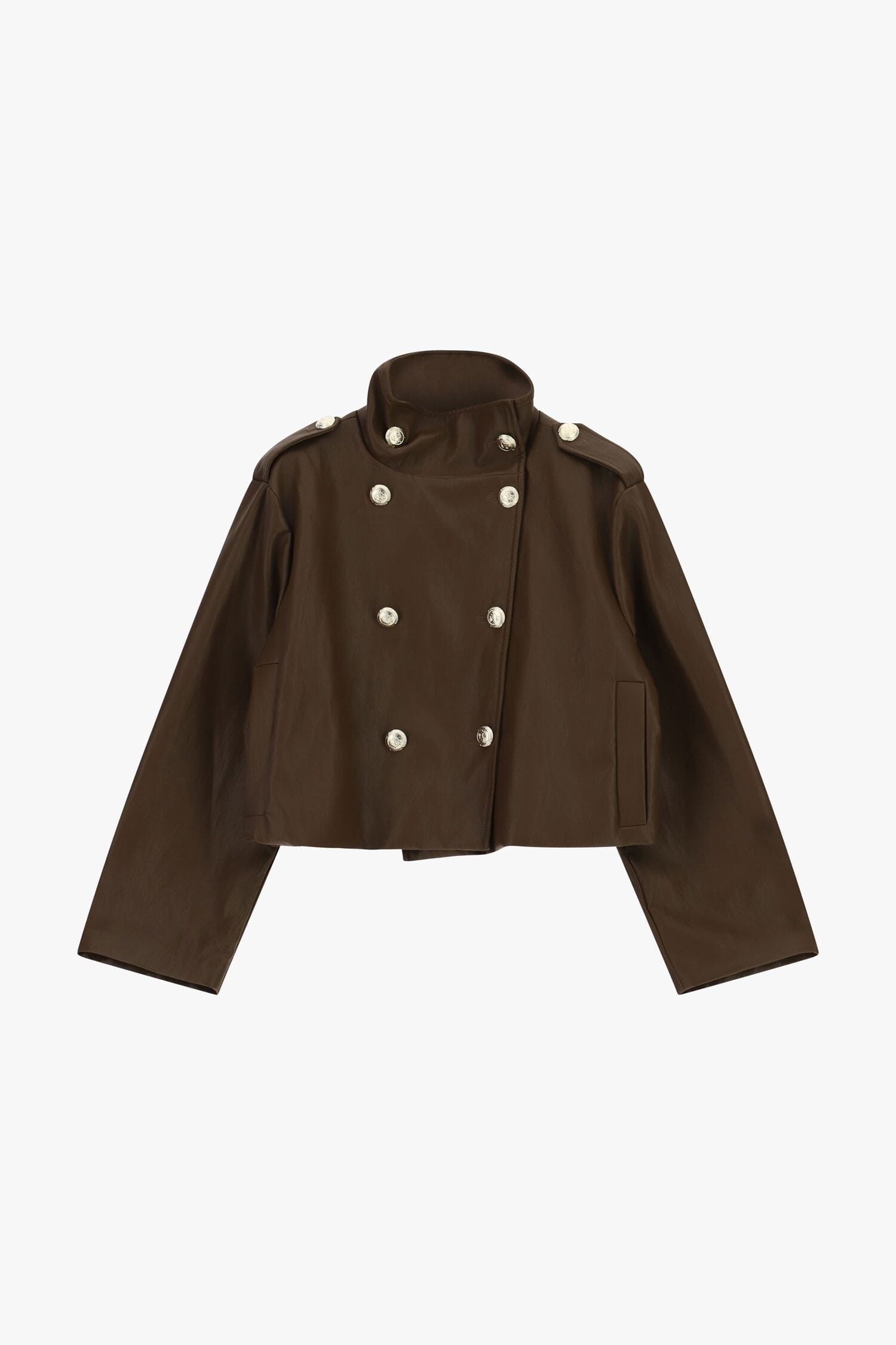 Dixie Short Faux Leather Double-Breasted Jacket with Buttons