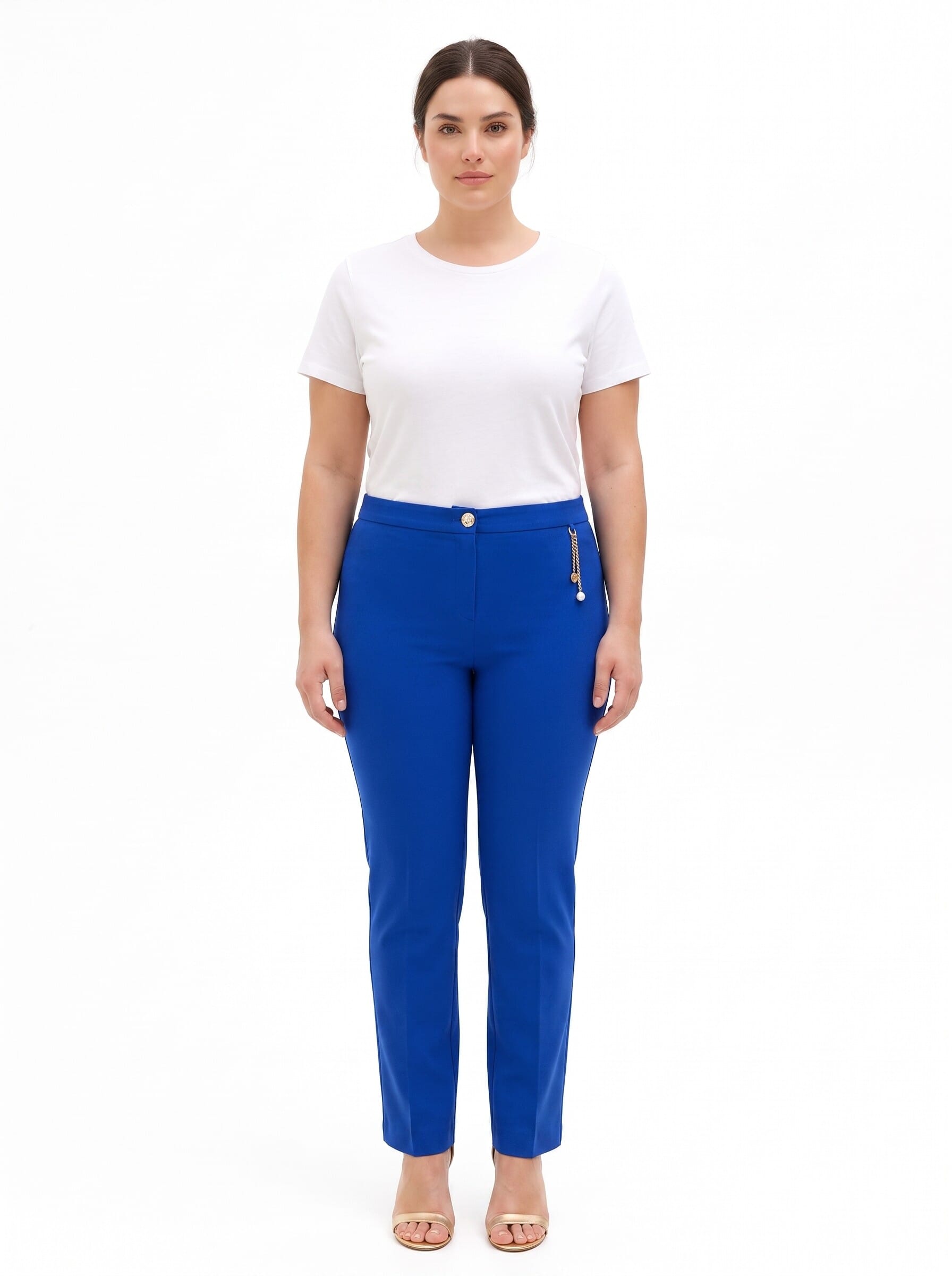 Pantaloni Curvy Dritti In Scuba Crepe Con Dettaglio Gioiello Catene E Perla Rinascimento Curvy