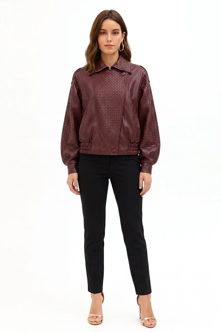 Rinascimento Faux Leather Bomber Jacket with Interwoven Check Pattern