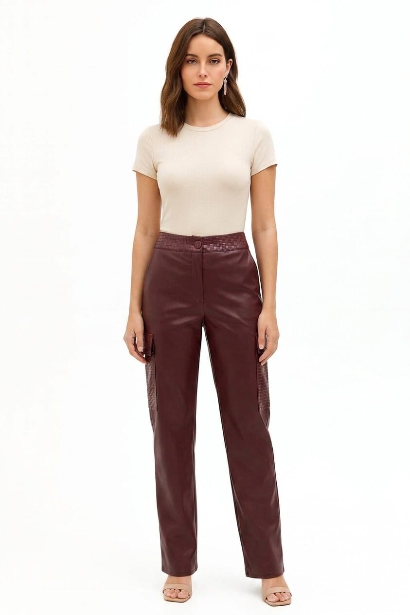 Pantalon cargo droit en simili-cuir avec motif à carreaux entrelacés « Rinascimento »