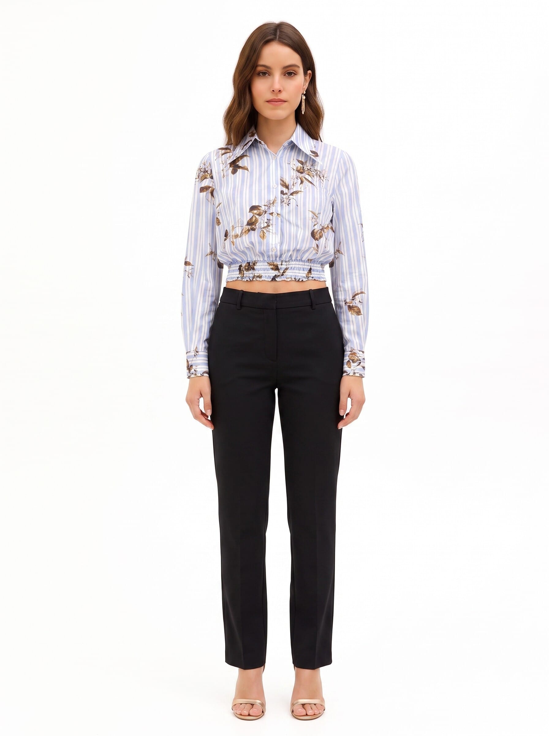 Short-sleeved balloon-sleeve cotton shirt with stripes and Rinascimento-style floral pattern