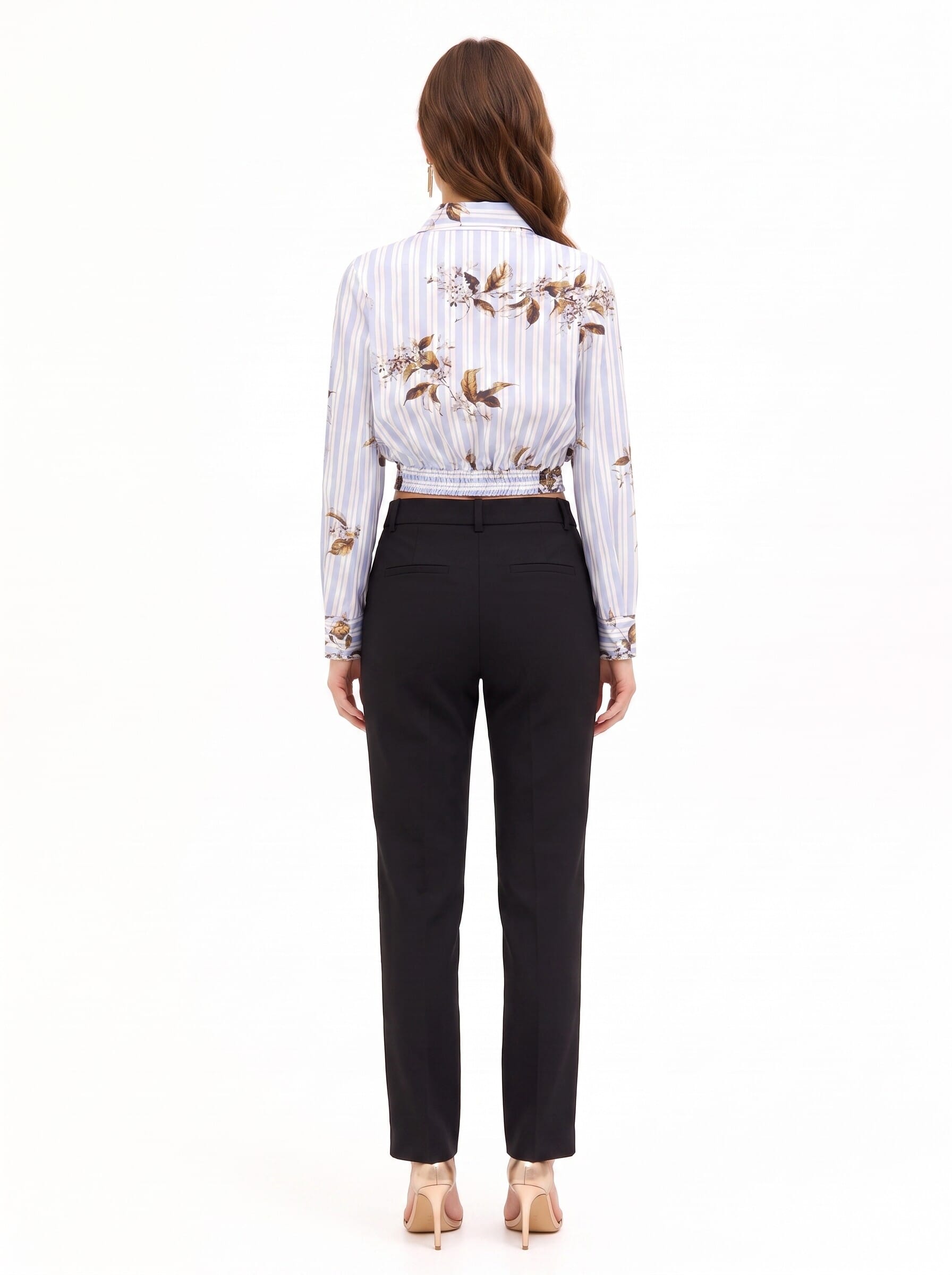 Short-sleeved balloon-sleeve cotton shirt with stripes and Rinascimento-style floral pattern