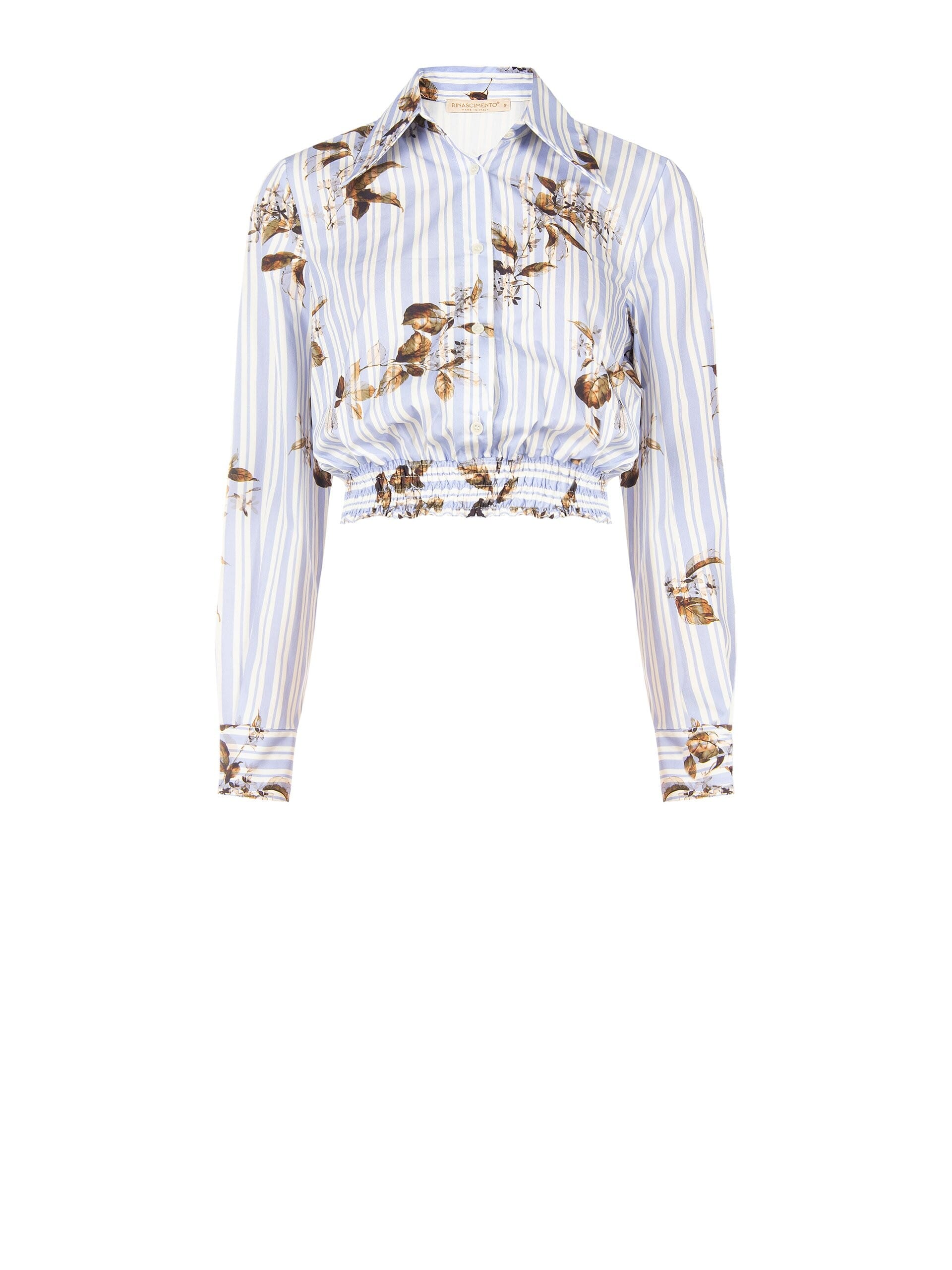 Short-sleeved balloon-sleeve cotton shirt with stripes and Rinascimento-style floral pattern