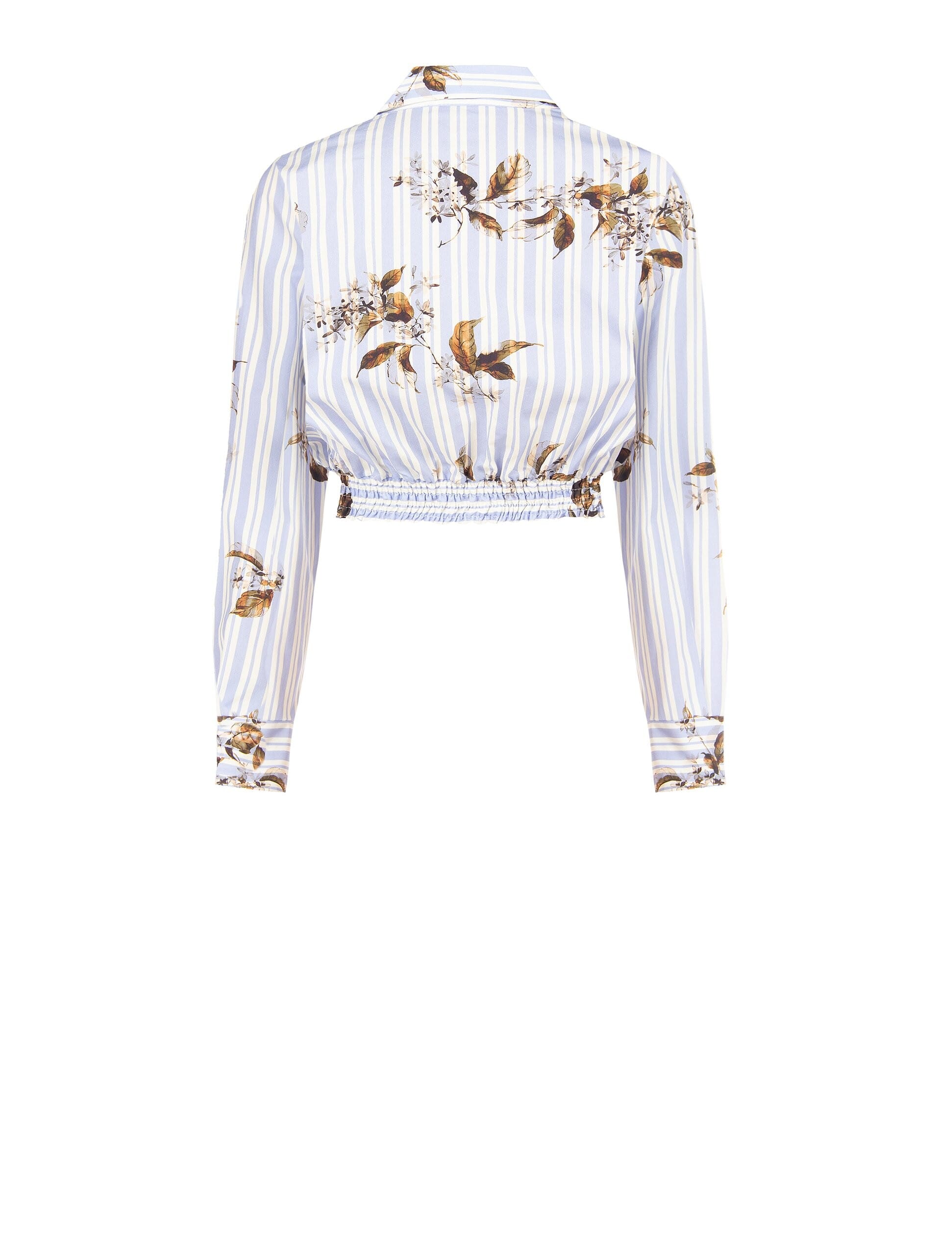 Short-sleeved balloon-sleeve cotton shirt with stripes and Rinascimento-style floral pattern