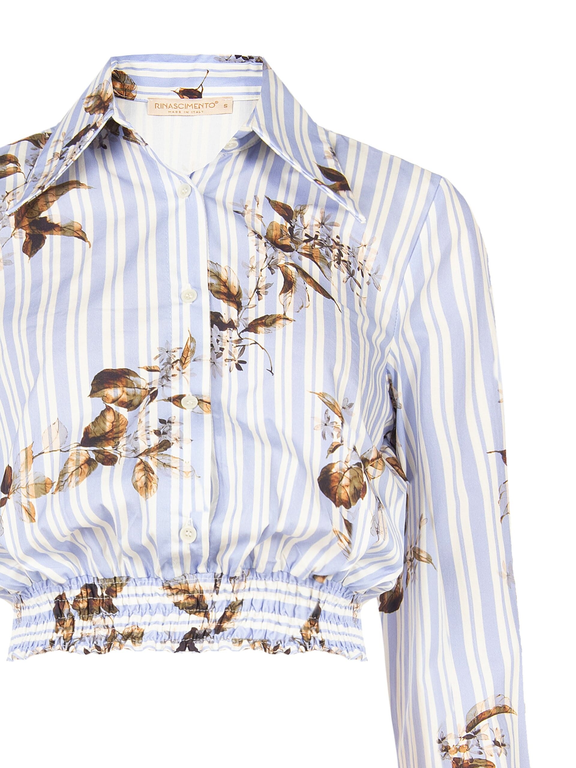 Short-sleeved balloon-sleeve cotton shirt with stripes and Rinascimento-style floral pattern