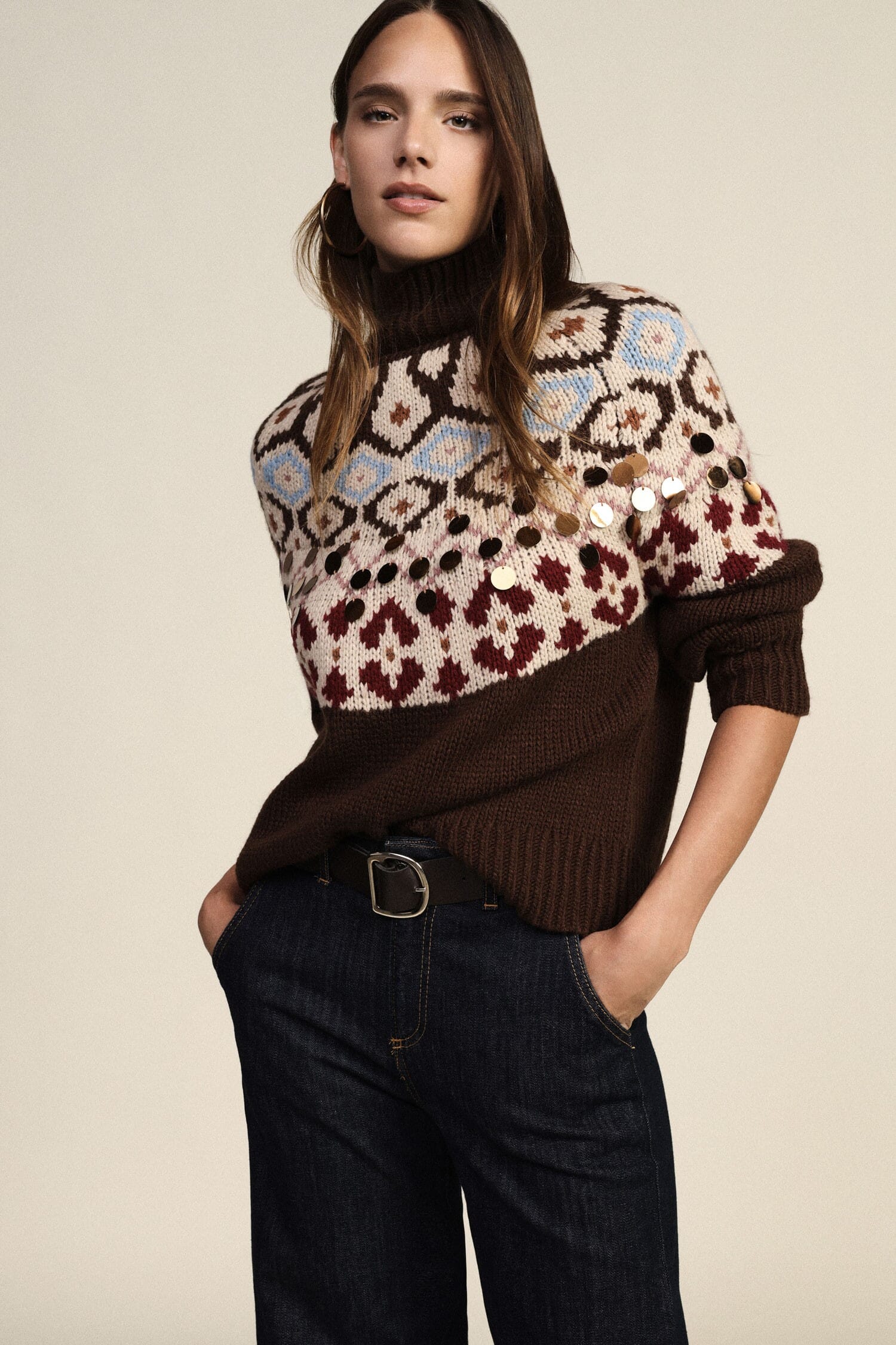 Dixie Jacquard Crew-Neck Jumper with Metallic Embellishments