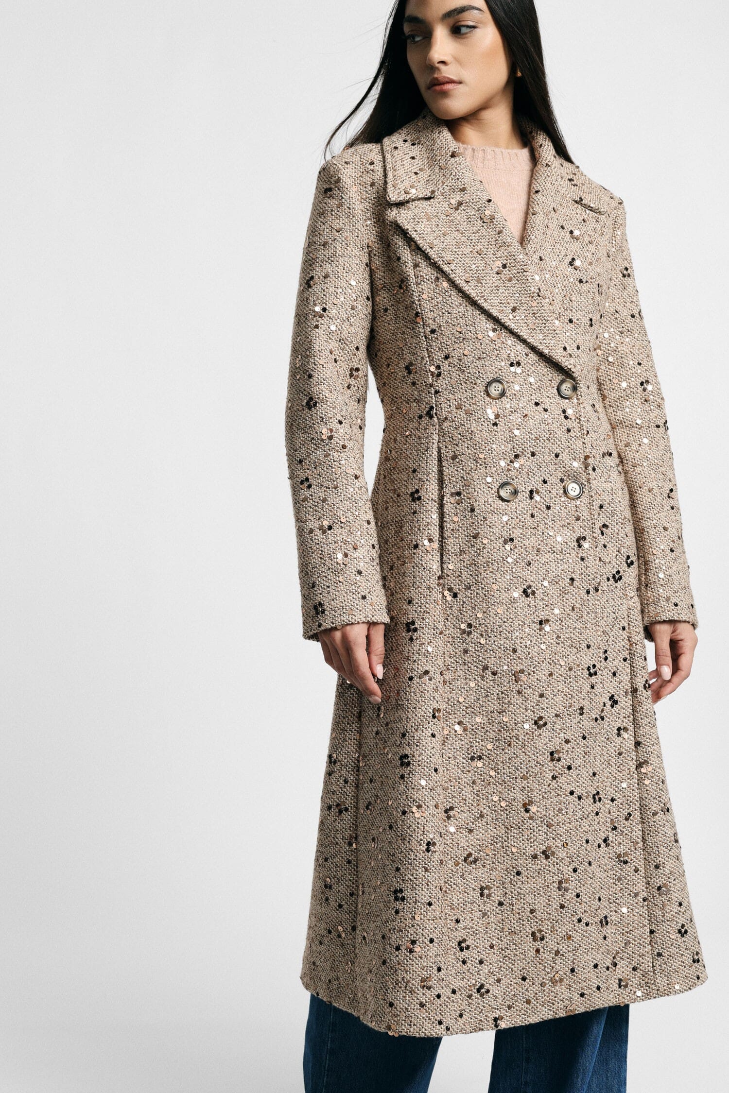 Cappotto Doppiopetto Con Paillettes E Revers Ampi Please